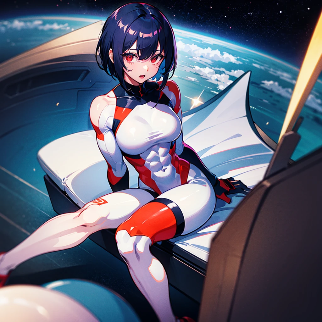 (((masterpiece)))、(((Top image quality)))、(((top-quality)))、((Illustration of one girl))、(((Muscle Girl)))、(((blue silver short hair)))、Red eyes、((Tall))、(((Muscular and strong body)))、((abdominals))、((muscular and thick arms))、((muscular and thick legs))、(stocky build)、(muscular legs)、(broad shoulders)、((manspreading))、(((White pilot suit)))、((Sitting in the cockpit))、(The Universe on the Monitor、Earth seen from space、Spaceport)