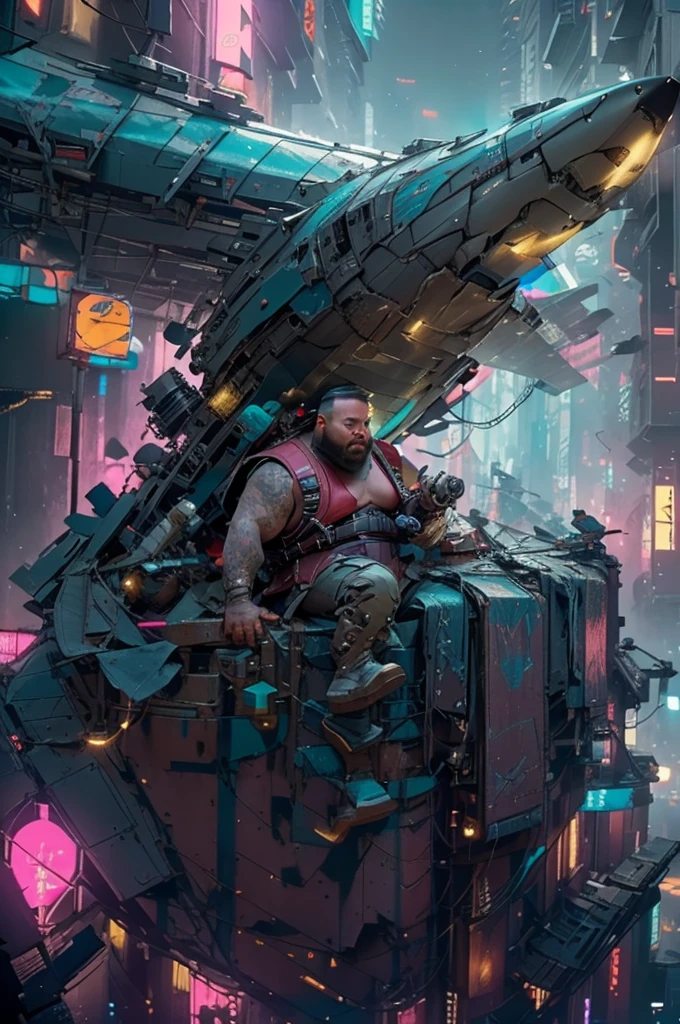 Extremely long shot, Shooting from a high angle, character Carlson shark man with an airplane propeller on his back, Physically obese, big belly and cheeks, red hair, Wearing a leather vest, mechanical leg, mechanical prosthetic hand, Cyberpunk style, flying over the night city with skyscrapers in cyberpunk style, super fast lens, pink and green neon, character Astrid Lindgren, hbo cinematic channel, Highly detailed, 8K, free flight scene, It's raining
