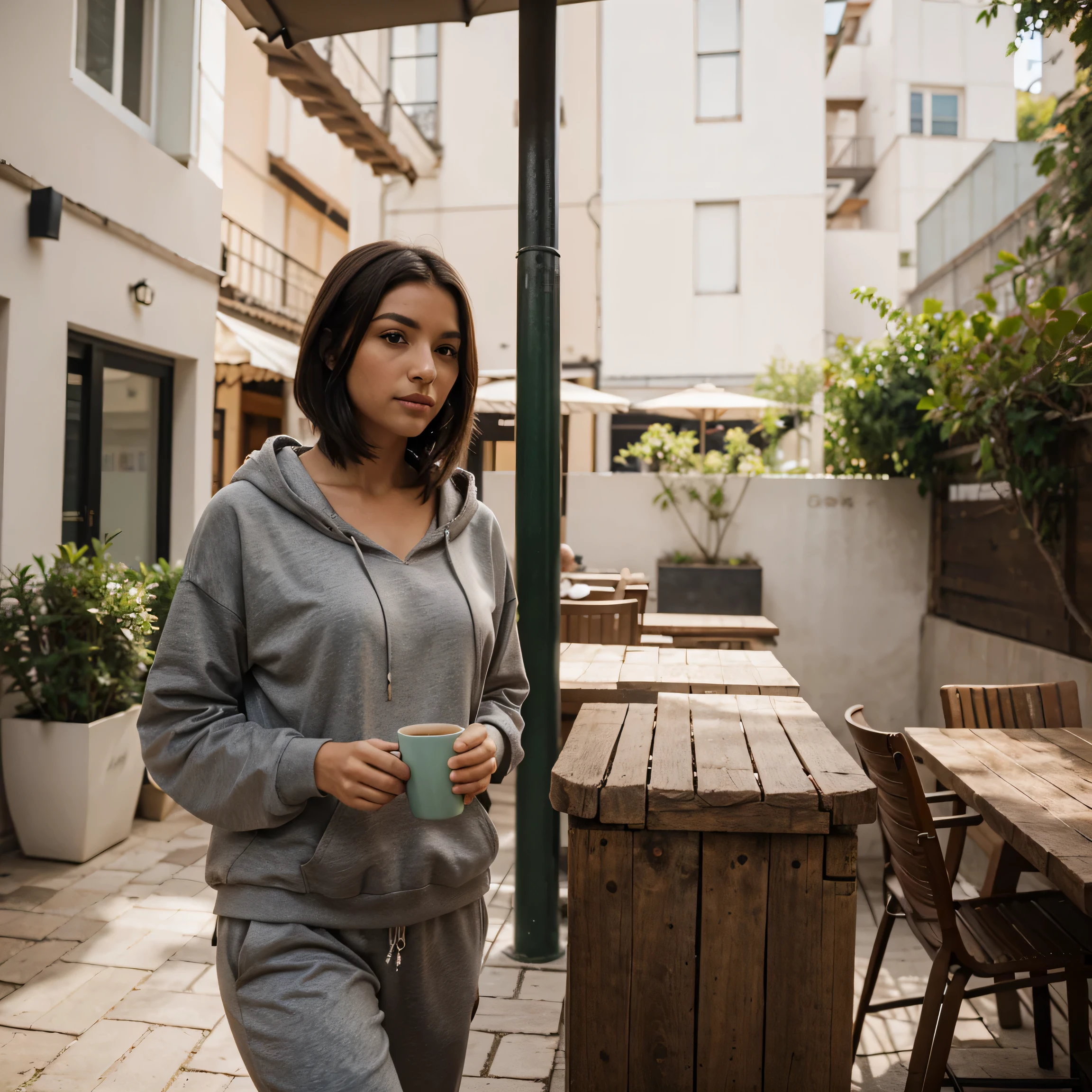 crea una mujer morena, Piel morena, brown eyes, negro-pelo corto , cabello de longitud media. Lleva una sudadera con capucha de color verde y un jogger de color gris. ,ella tiene algunas pecas en la nariz, Vista de cuerpo completo, brown eyes. boca sensual. ella esta tomando un cafe en una terraza de Providencia, santiago de chile . tomada con Sony Alpha a9 II y Sony FE 200-600mm f/5.6-6.Lente OSS 3G, Luz natural, hyperrealism photography, Ultra detallado,, Piel ultradetallada , dedo detallista