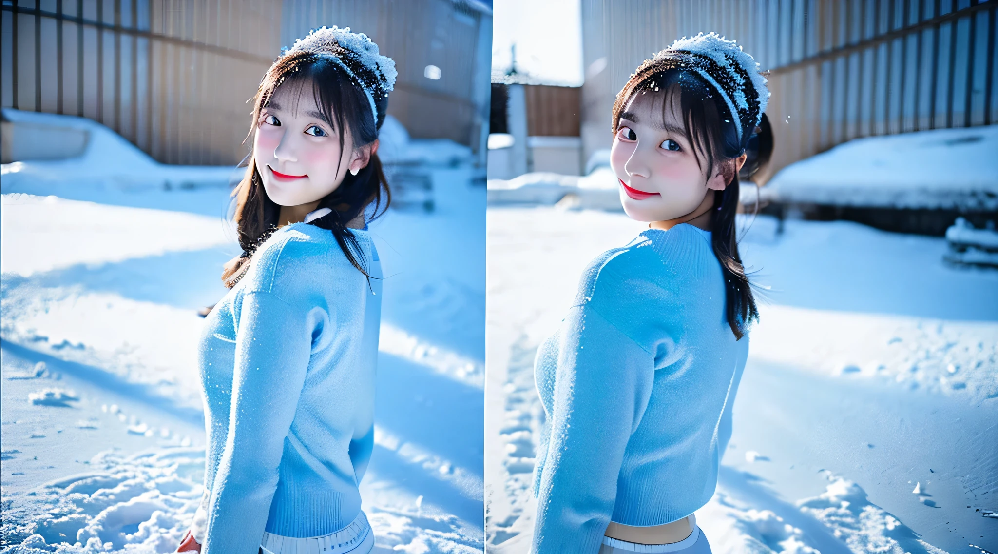 Cute race queen 18 years old wearing a light blue miniskirt、The background is snow outdoors