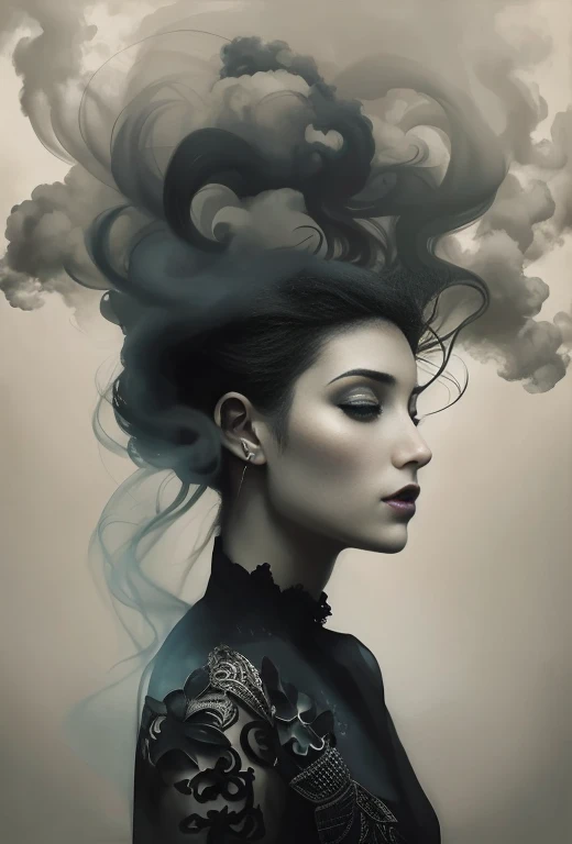 Mujer arafed con una nube de humo en el pelo., Natalie Shau Tom Bagshaw, Estilo Tom Bagshaw, Anna Dittman, Awesome Digital Illustration, Retrato de Tom Bagshaw, Yuri Shwedoff y Tom Bagshaw, Artstyle Tom Bagshaw, Tom Bagshaw inspirado, Tom Bagshaw Artstyle, Arte Tom Bagshaw, Hermoso retrato surrealista
