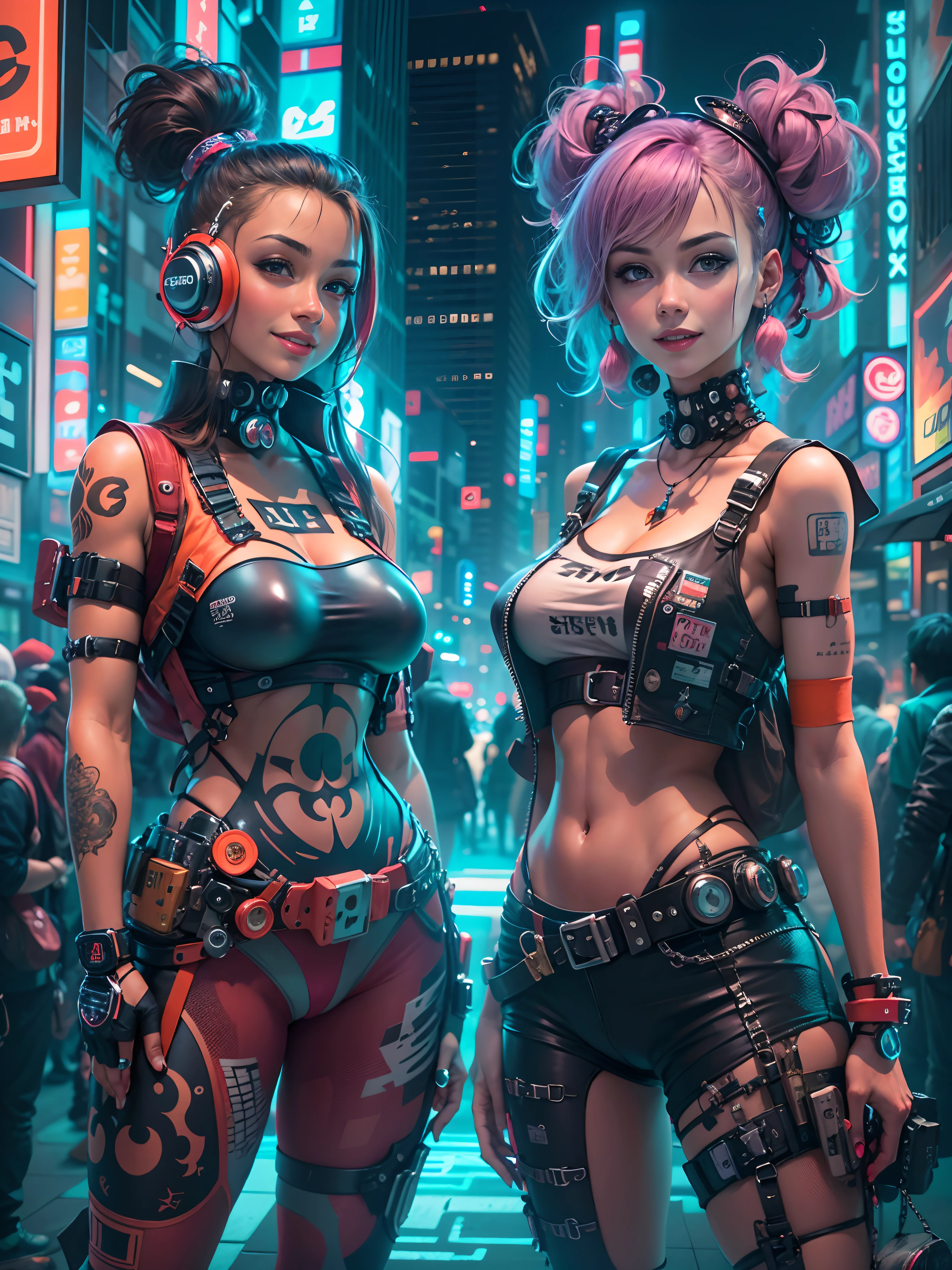 master part, best quality, 2 ((sorridente)) garotas cyberpunk juntas, Arreio corporal cyberpunk inspirado em Harajuku, bold colors and patterns, Attractive accessories, penteado moderno e inovador, deslumbrante paisagem urbana de Cyberpunk, skyscrapers, bright neon signs, luzes led, anime illustration, Textura detalhada da pele, textura de pano detalhada, Rosto bonito e detalhado, detalhes intrincados, ultra detalhado, Cinematic lighting, Contraste forte.