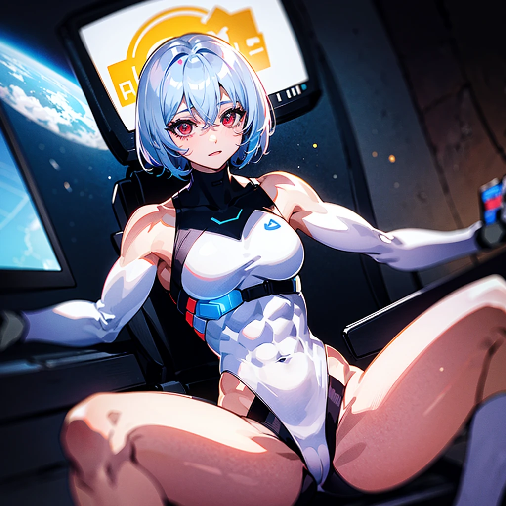 (((masterpiece)))、(((Top image quality)))、(((top-quality)))、((Illustration of one girl))、(((Muscle Girl)))、(((blue silver short hair)))、Red eyes、((Tall))、(((Muscular and strong body)))、((abdominals))、((muscular and thick arms))、((muscular and thick legs))、(stocky build)、(muscular legs)、(broad shoulders)、((manspreading))、(((White pilot suit)))、((Sitting in the cockpit))、(The Universe on the Monitor、Earth seen from space、Spaceport)