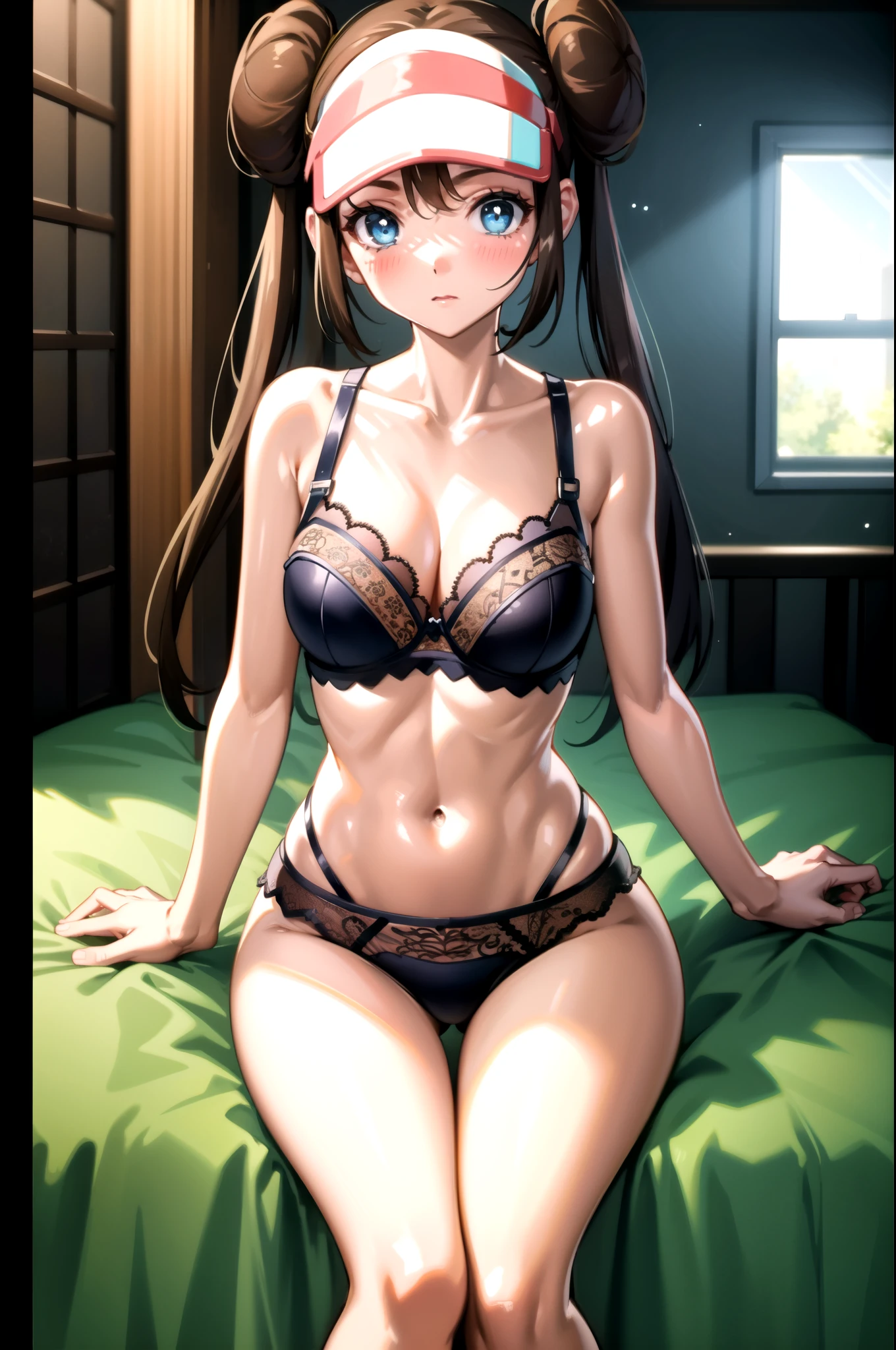 perfect eyes:1.2, detailed eyes:1.4, blushing, ro1, long hair, hair bun, long hair:1.4, shy, panty, sexy, sitting, sitting on bed, bra, navel, visor cap, lingerie, underwear, indoors, cleavage, bedrom, bed, blue eyes, twintails, cowboy shot, 1girl, solo, (masterpiece:1.6, best quality), 8k, insane details, intricate details, hyperdetailed, hyper quality, high detail, ultra detailed, professional, HDR, ray tracing reflection, cinematic lighting,