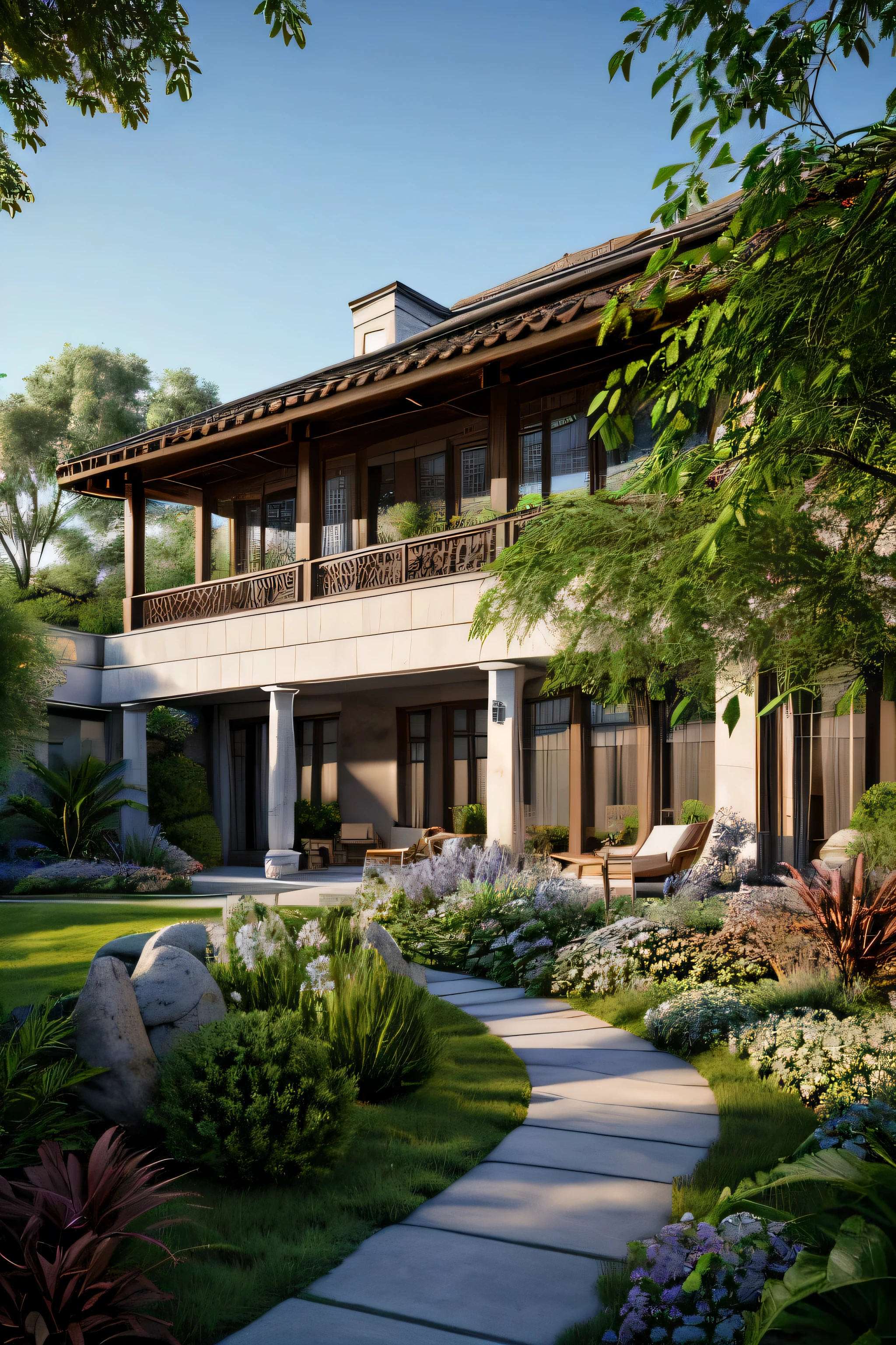 an exterior garden, stone path, outdoor dining, flowering bed, American villa house in the background, daylight, sunset, two-point perspective, human perspective, realistic, photographic, rendering, masterpiece, high quality, ultra-detailed, 4K