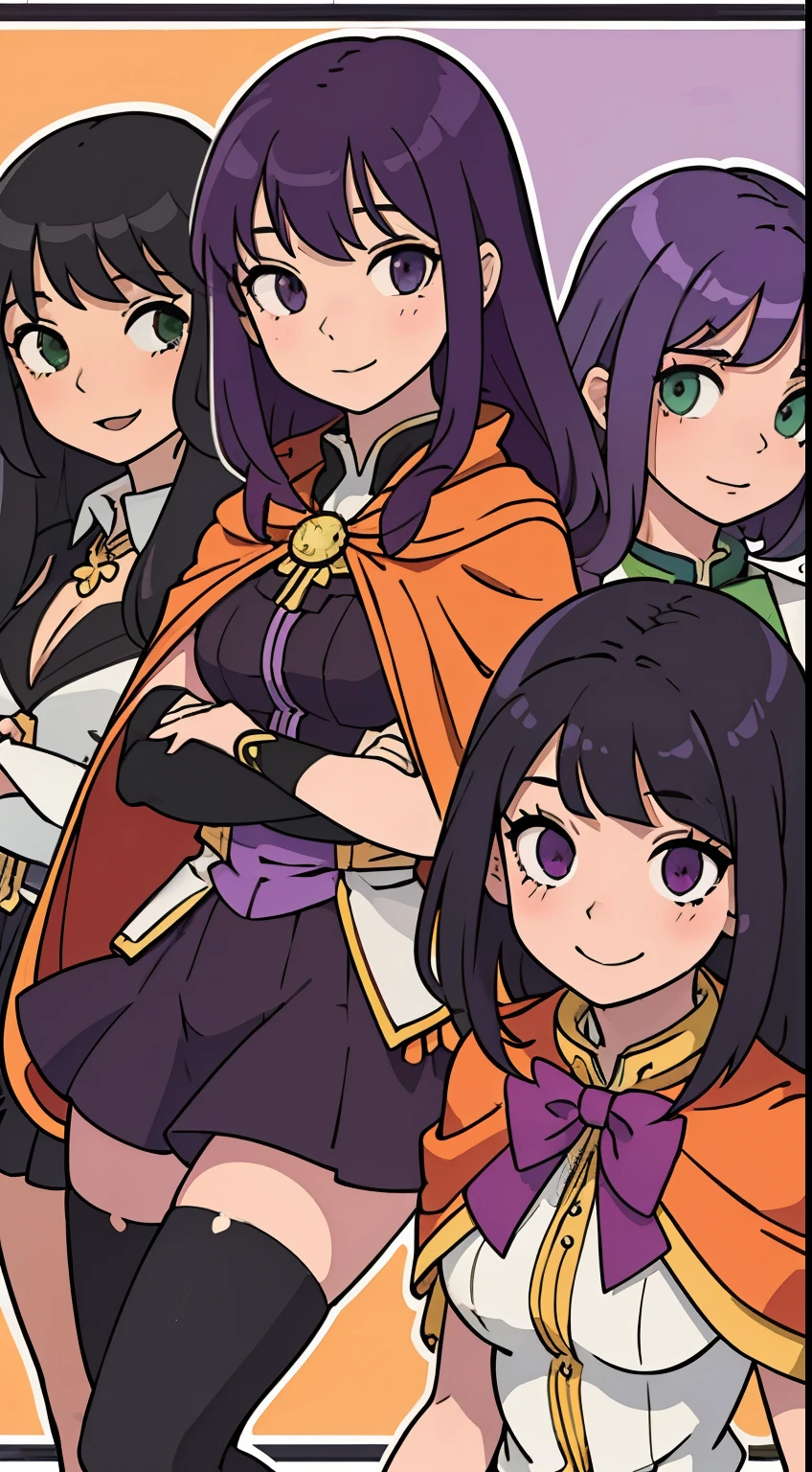((Best Quality)), ((masutepiece)), (Detailed), Perfect face, multiple girls, 4girls, smile, thighhighs, purple hair, purple eyes, green eyes, cape, black hair, orange hair, long hair