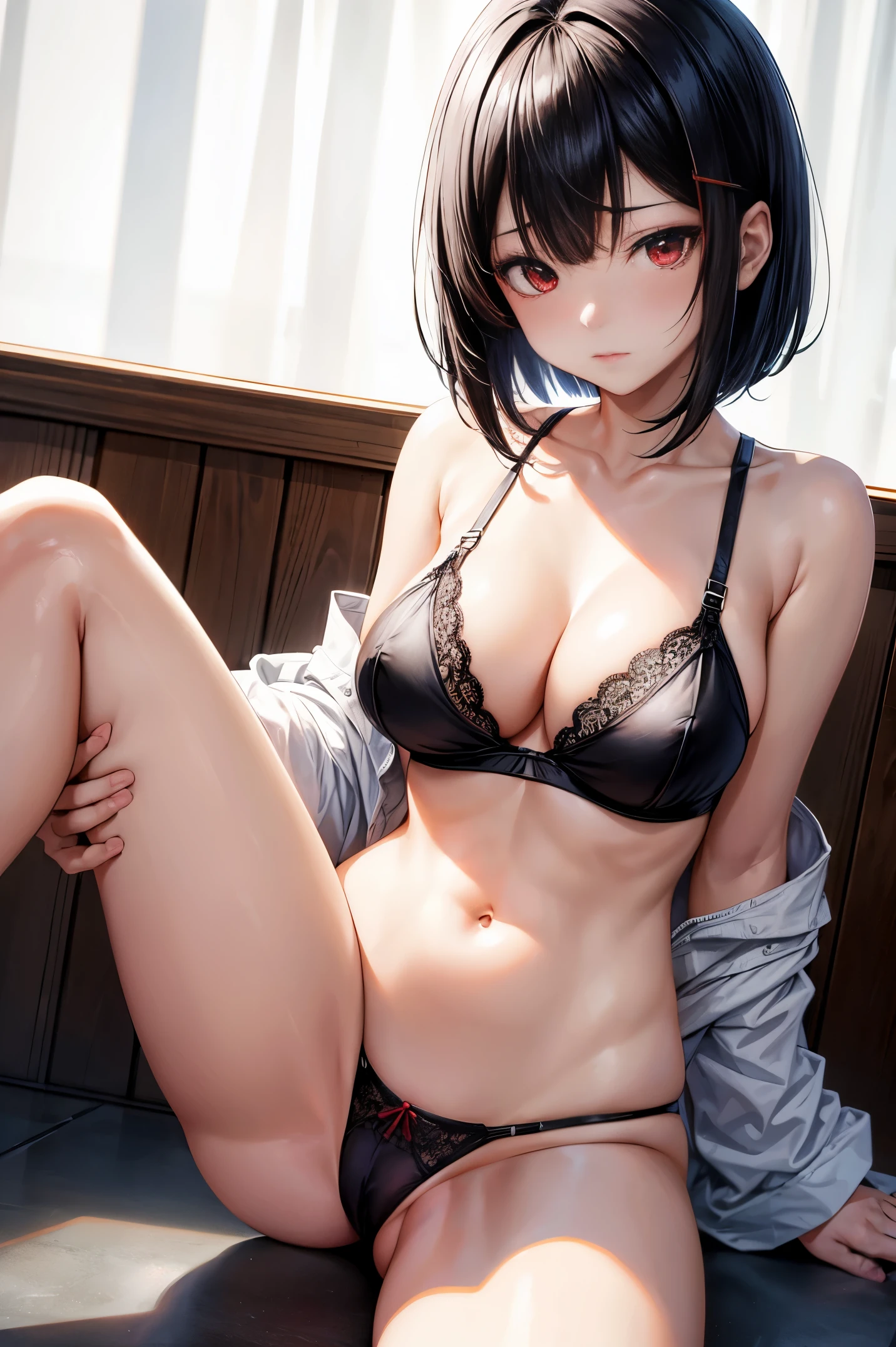 masutepiece,Best Quality,Highly detailed,1girl in,student clothes、Black Hair Bob,Red Eyes,Take off your shirt and expose your black bra、embarrassed from、nsfw