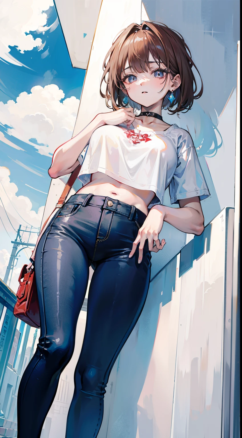 Kaihara，brown  hair，Superbly detailed eyeob cut，
jewely，White yoga crop top，white yoga tight shorts，hands on the chest，ssee-through，looking at viewert，hair adornments，choker necklace，is shy，
（tmasterpiece，quality，最佳quality，offcial art，Beauty and aesthetics：1.2），（1个Giant Breast Girl），extremedetailed，rich colourful，highest details，
（：1.2，）The upper part of the body，from below，Carmelto，denim pant，long trousers，Ultra shortull body like，squatt，legs apart city，the street， tilt， muri， suns， Clouds，Superbly detailed eyes，Delicate face