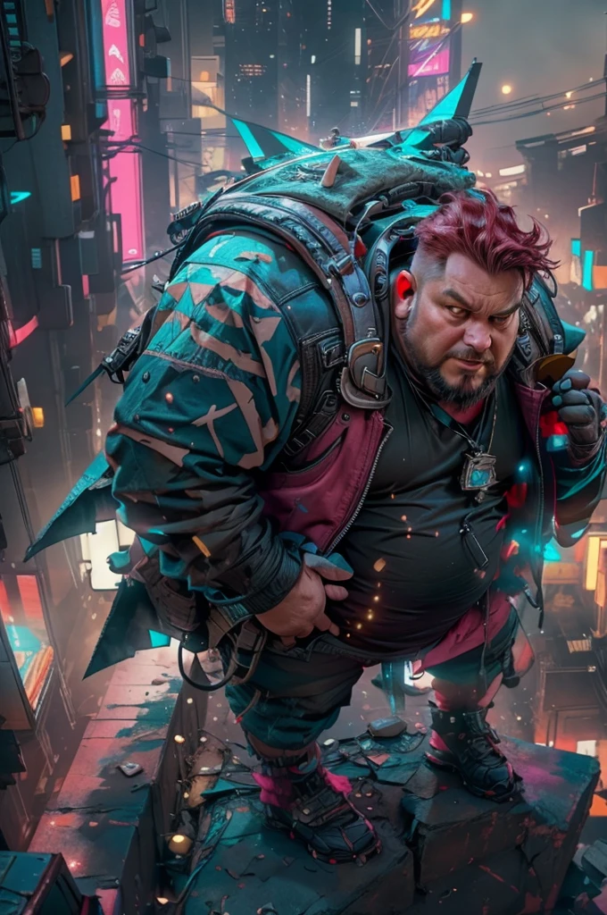 Extremely long shot, Shooting from a high angle, character Carlson shark man with an airplane propeller on his back, Physically obese, big belly and cheeks, red hair, Wearing a leather vest, mechanical leg, mechanical prosthetic hand, Cyberpunk style, flying over the night city with skyscrapers in cyberpunk style, super fast lens, pink and green neon, character Astrid Lindgren, hbo cinematic channel, Highly detailed, 8K, free flight scene, It's raining