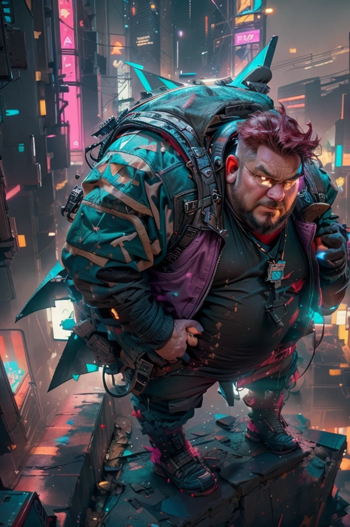 Extremely long shot, Shooting from a high angle, character Carlson shark man with an airplane propeller on his back, Physically obese, big belly and cheeks, red hair, Wearing a leather vest, mechanical leg, mechanical prosthetic hand, Cyberpunk style, flying over the night city with skyscrapers in cyberpunk style, super fast lens, pink and green neon, character Astrid Lindgren, hbo cinematic channel, Highly detailed, 8K, free flight scene, It's raining