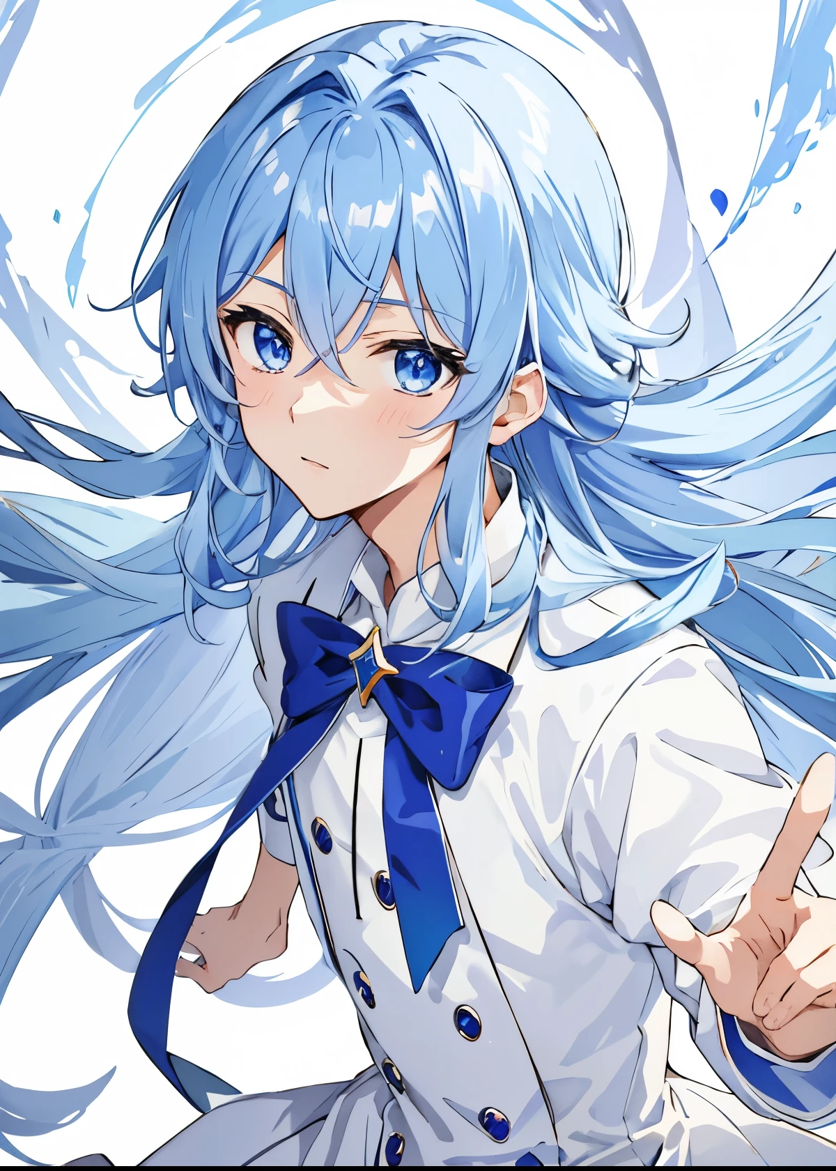 Close-up of an anime boy wearing a white white and blue dress, Official art, boy with very long purple hair, Cure, he has light blue hair, Blue-eyed boy, Official Character Art, Magical Boy, official illustrations, Magical Boyのスタイル, sapphire prince, Wallpaper!, With shining blue eyes, !!Full body portrait!!, hight resolution, Magical Boyの肖像