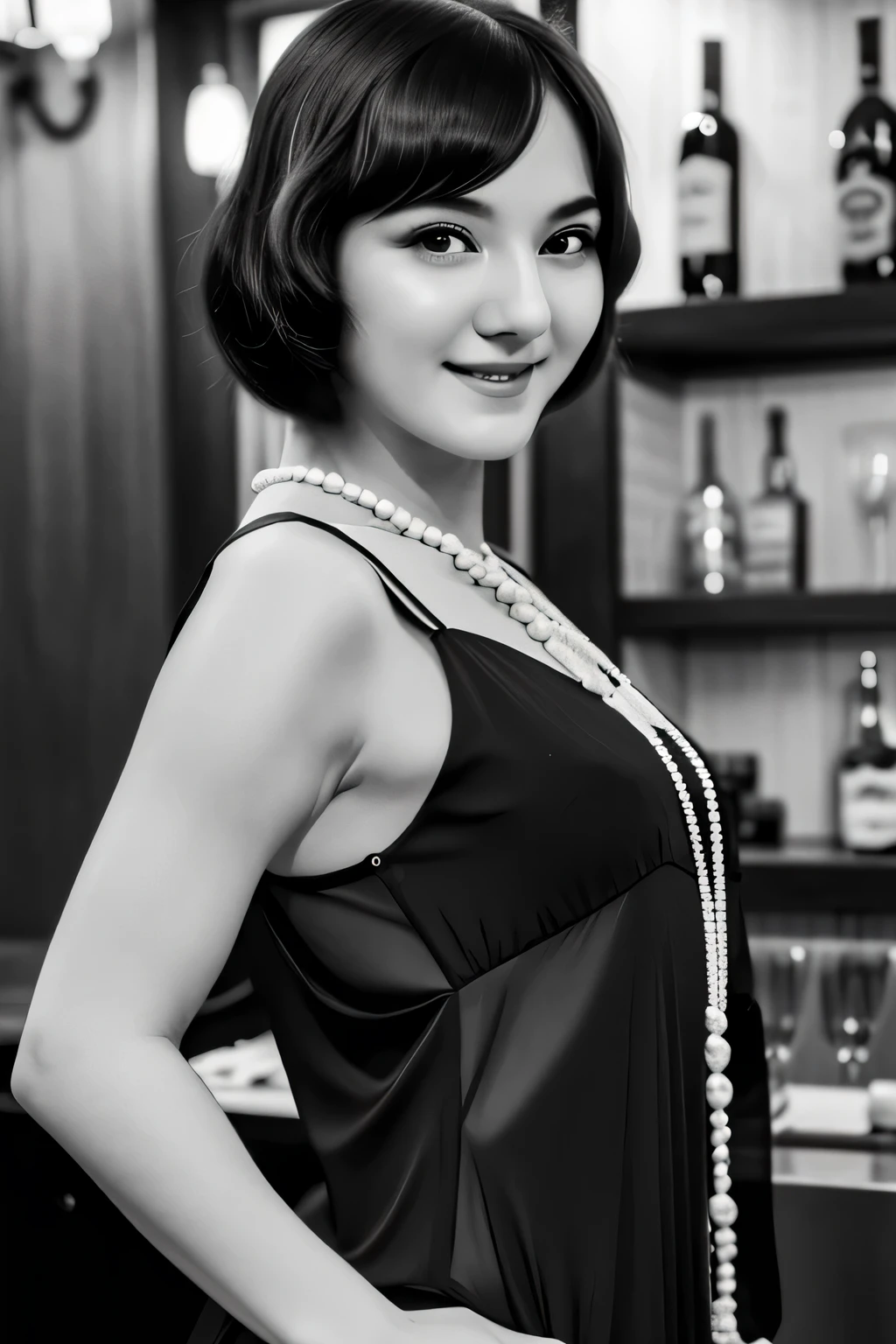 woman posing for a photo(flapper_Dress:1.Wearing 3)、A smile、 Good Hand、4K、hight resolution、​masterpiece、top-quality、headw:1.3、((Hasselblad photo))、Fine skin、Sharp Focus、(lighting like a movie)、鎖骨、natta、Soft lighting、dynamic ungle、[:(详细的脸:1.2):0.2]、(Bars in the 1920s)、L0uise、a black and white photo