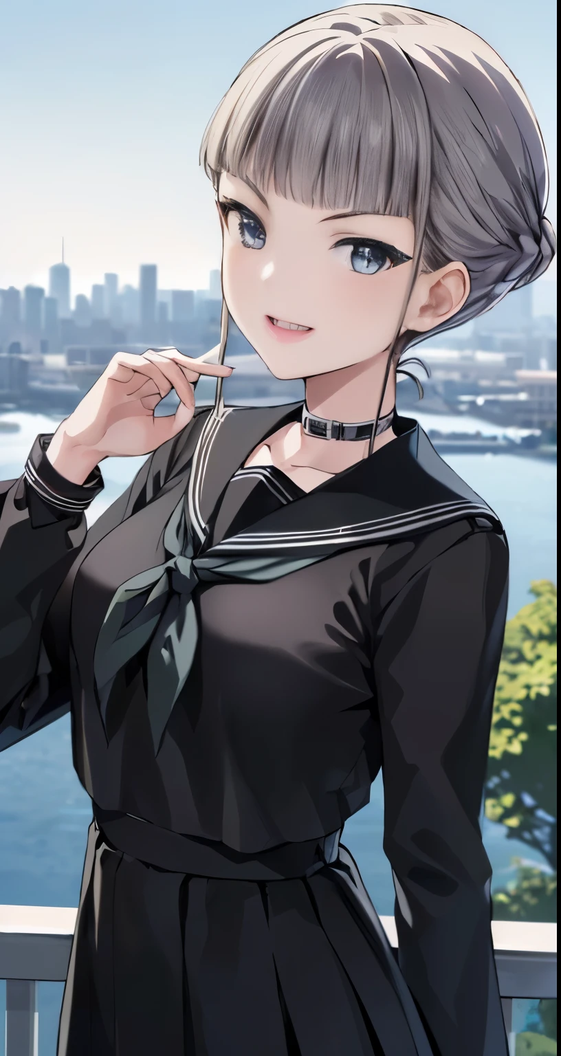 tmasterpiece, Best quality, ultra - detailed),(1 sister), eBlue eyes, Short hair details, brunette, dynamic angle, dynamicposes, natural  lightting, floating, (Colorful tops:1.2|Black  top), (, (silver bracelet:1.2|Wrist watch), (nature backdrop:0.8| looking over city), (Smiling:0.8| serious expressions), (light on hair), Many droplets:0.8，Black sailor suit，drenched all over the body，，In the classroom，