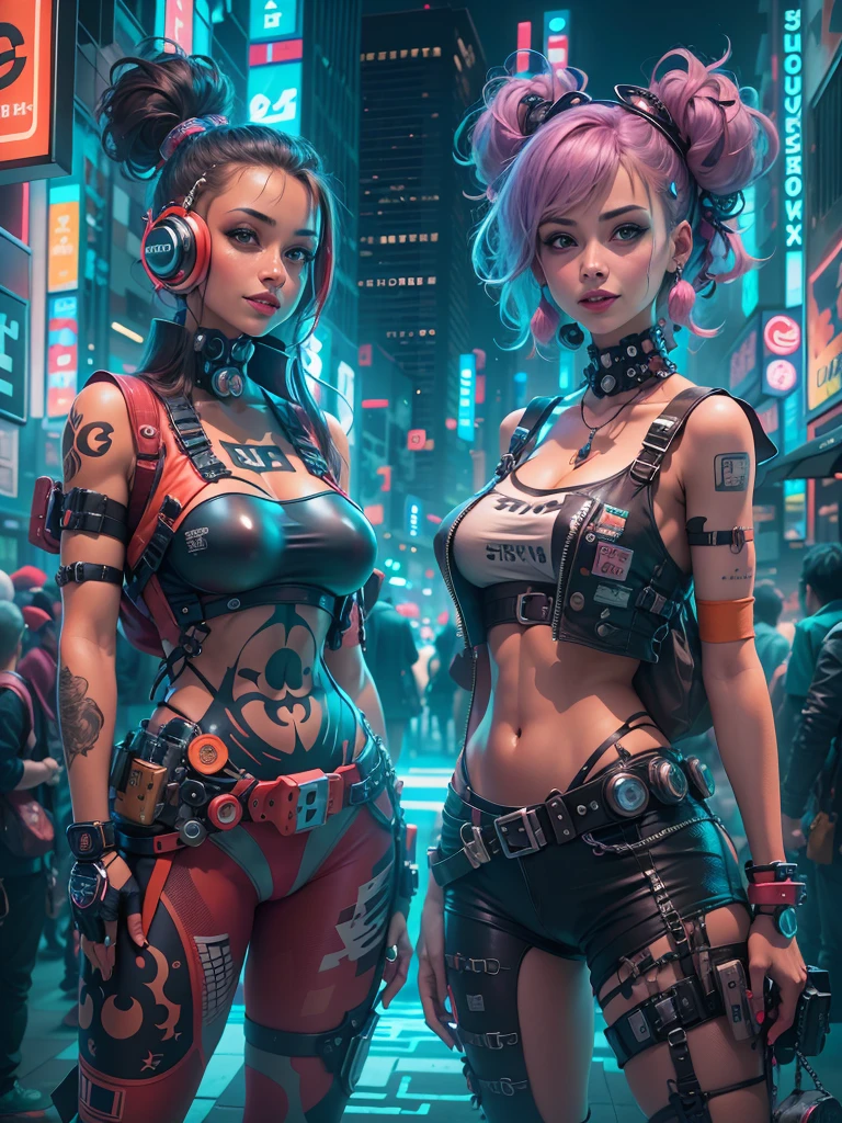master part, best quality, 2 ((sorridente)) garotas cyberpunk juntas, Arreio corporal cyberpunk inspirado em Harajuku, bold colors and patterns, Attractive accessories, penteado moderno e inovador, deslumbrante paisagem urbana de Cyberpunk, skyscrapers, bright neon signs, luzes led, anime illustration, Textura detalhada da pele, textura de pano detalhada, Rosto bonito e detalhado, detalhes intrincados, ultra detalhado, Cinematic lighting, Contraste forte.