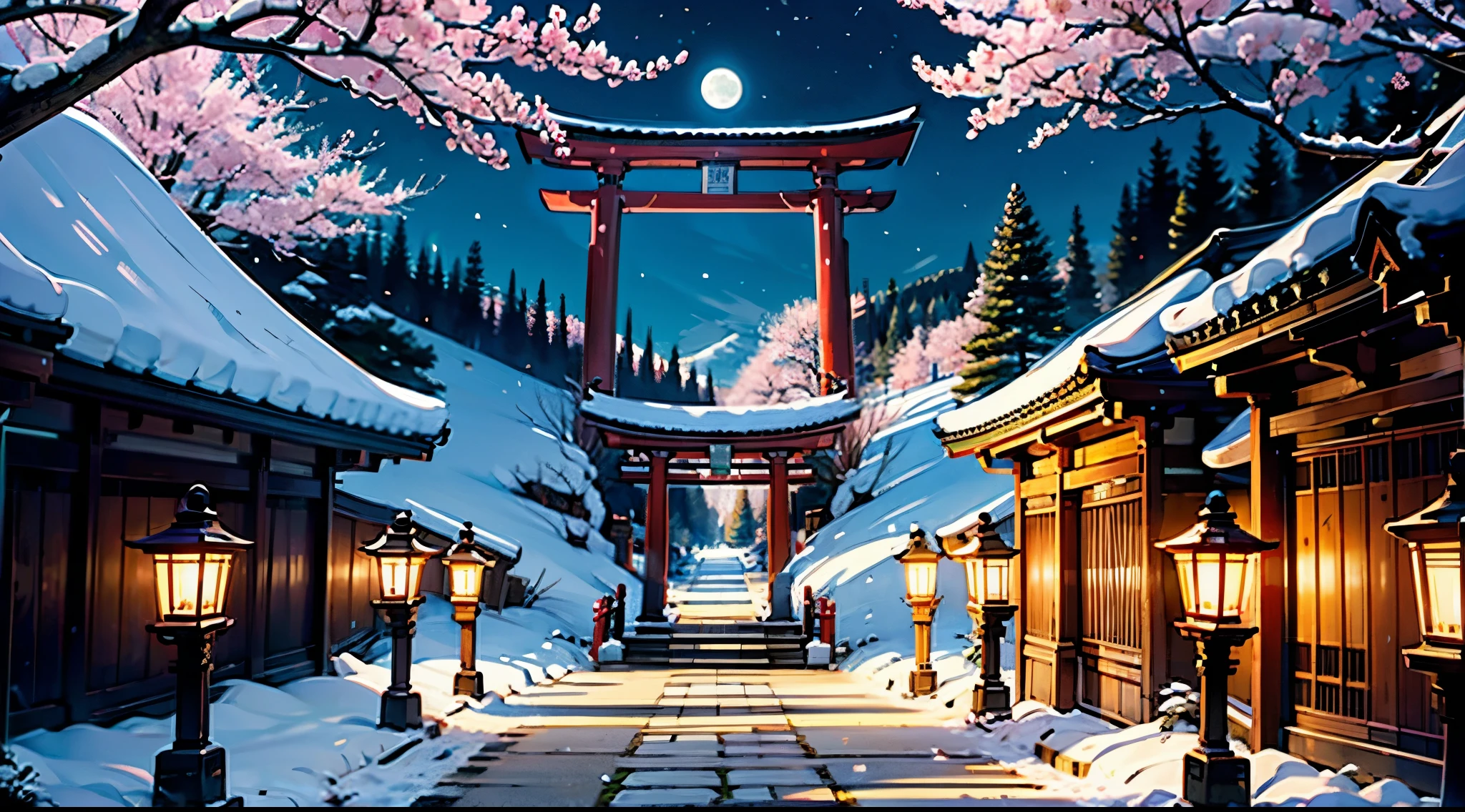 Best Quality、masutepiece、8K、Landscape painting、torii gate、(Sakura blizzard:2、springtime)、fullmoon、shrines