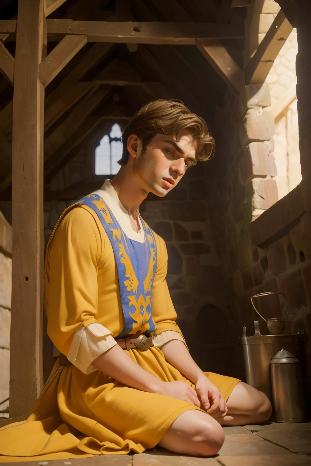 1137, Earlcastle, England. otherworldly scene in a medieval barn, ((((13-year-old)) Matthew Daddario)), sitting on the floor, ((crying big tears)), ((terrified expression)), ((((tunic from the 12th century)))), ((Hairstyle of the 12th century)), ((Wes Anderson cinematic style)), colorful