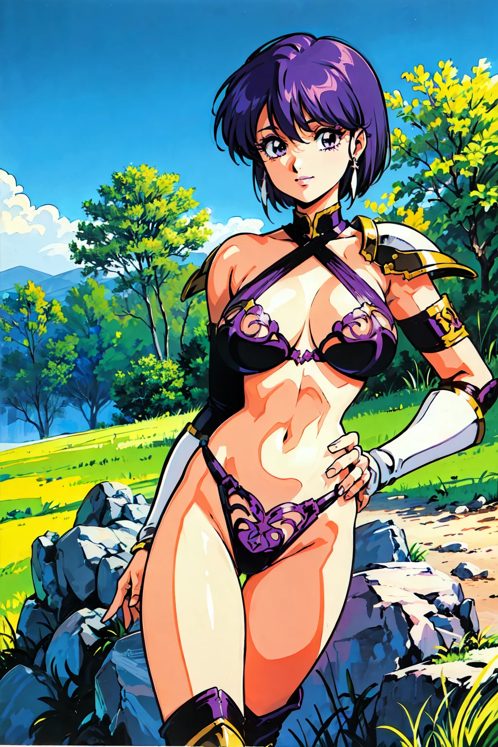 "(masterpiece:1.1), best quality,
1girl, (traditional media 80s:1.4), (eyelashes:1.5), (li:1.2),
(intricate high detailed body:1.2),
(purple hair:1.1), (hair over one eye:1.1), (very short hair, pixie cut:1.1), (crown:1.1),
purple eyes, (lip stick:1.2),
(gigantic breasts:1.5),
(light smile:1.2),
(bikini armor, criss-cross halter:1.2), (knight armor, armored boots:1.2),
(fur:1.1), (hoop earrings:1.1), gauntlets,
standing, (dynamic pose, action pose, hand on hip:1.2),
(upper body, cowboy shot, looking at viewer:1.1),
(daytime, grassland, outdoors:1.1)"