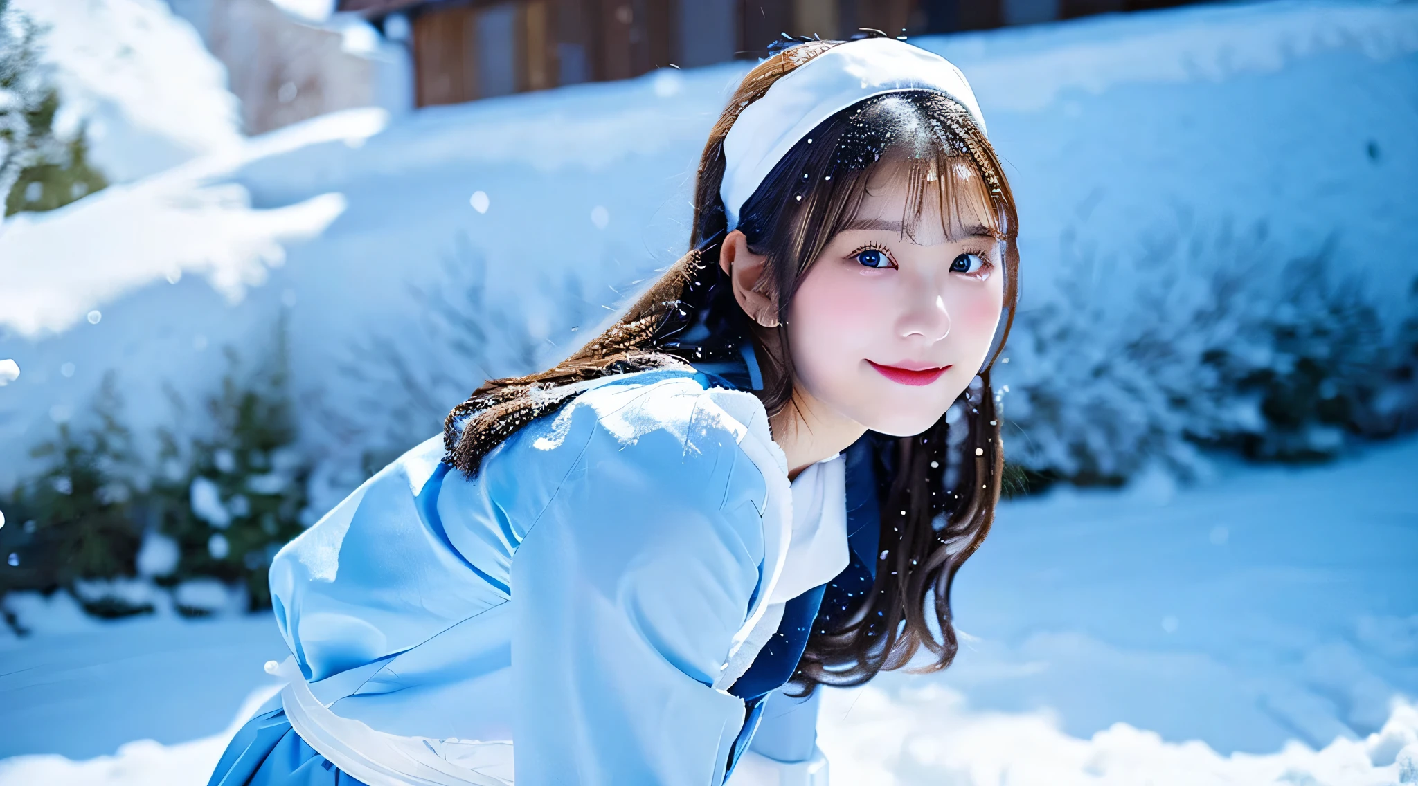 A cute 18 year old maid wearing a light blue miniskirt、The background is snow outdoors