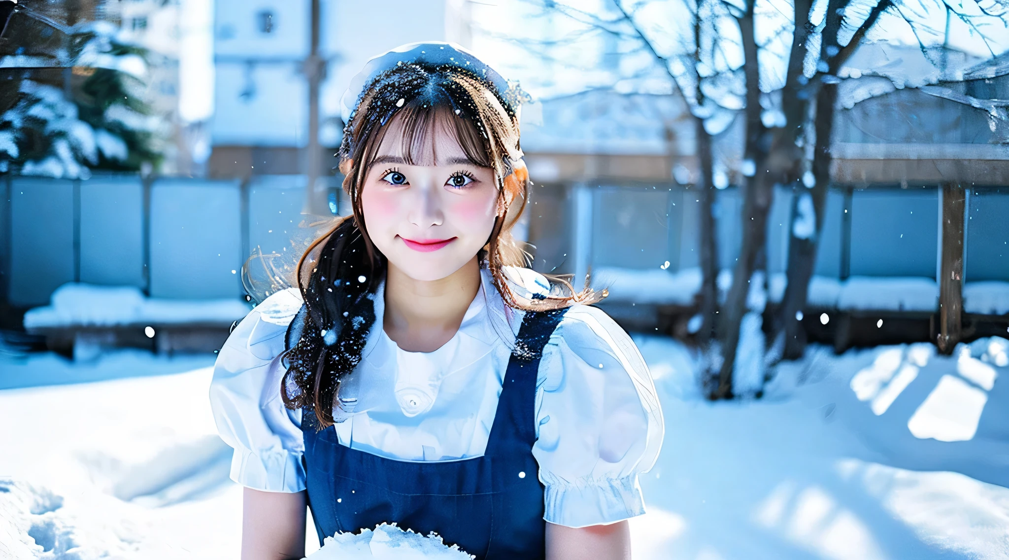 A cute 18 year old maid wearing a light blue miniskirt、The background is snow outdoors