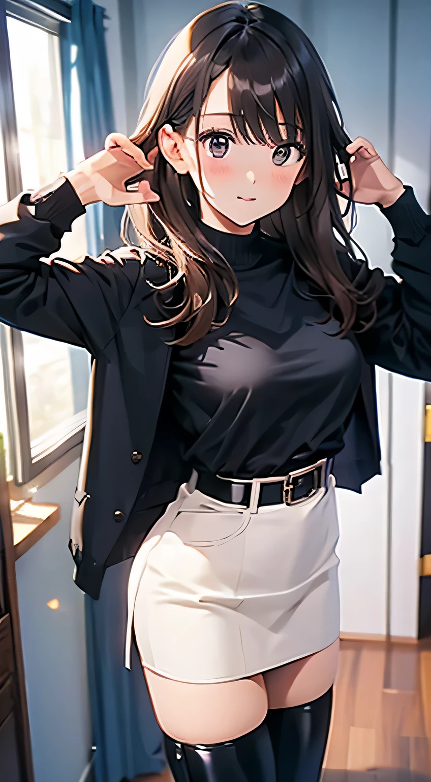 Brown hair、watching at viewers　　　a belt　　　bulging big tits　　 　 　　　walls: 　Black miniskirt　garters　　　　　　Gaze　　　a small face　bangss 　　　holster　　　Beautuful Women　　Hands up　　レッグholster ベッドに横たわる　　Gaze 　black boots panty shot　Provocation　flank　flank汗　Soio 　black suits　　Black jacket　Black pants　White cutter shirt