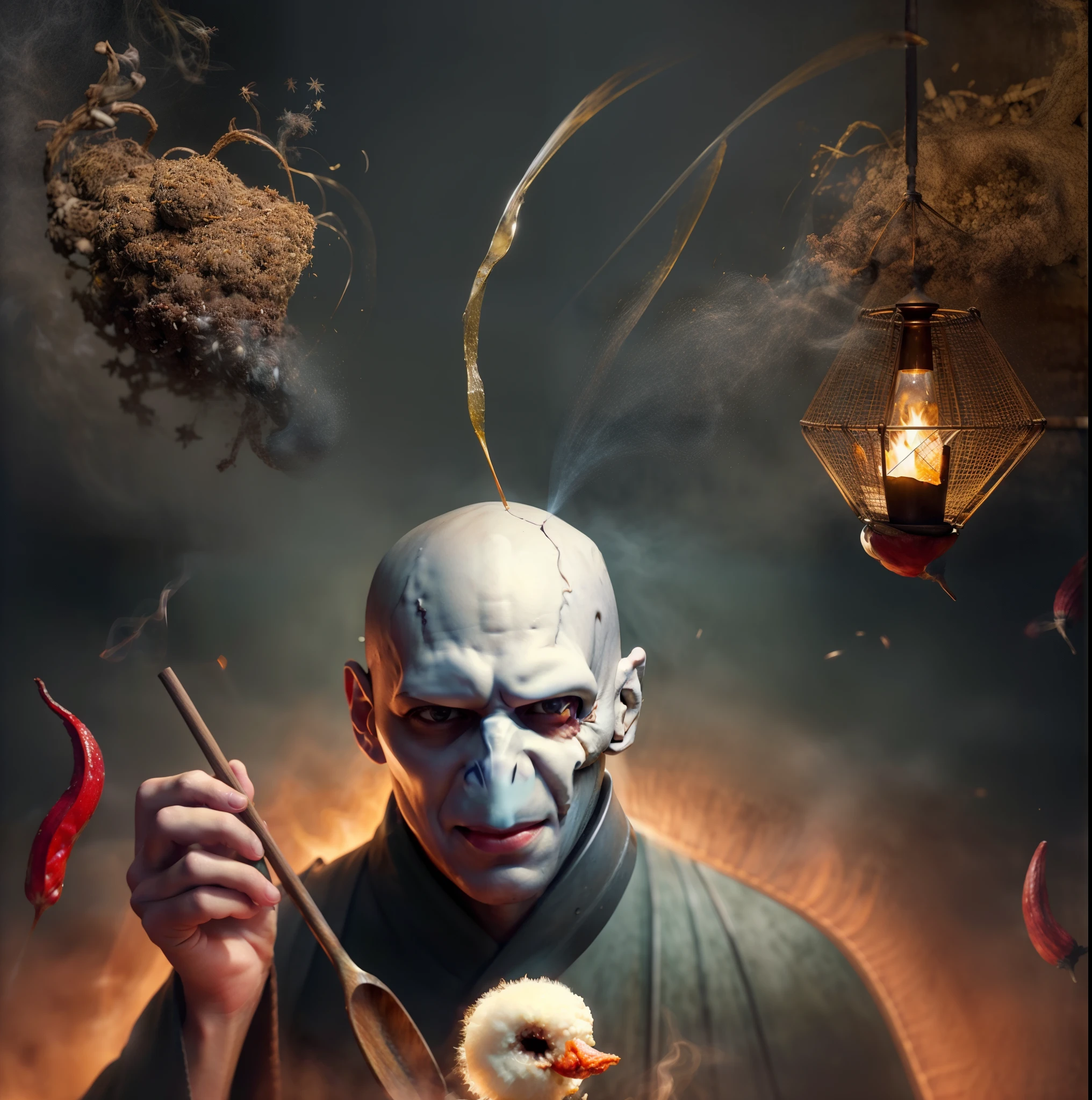 Rich Malatang(ingredient),ingredient圍繞在周圍,((Hogwarts kitchen)),Smoky,Medieval kitchen as background、exquisite、HD picture quality