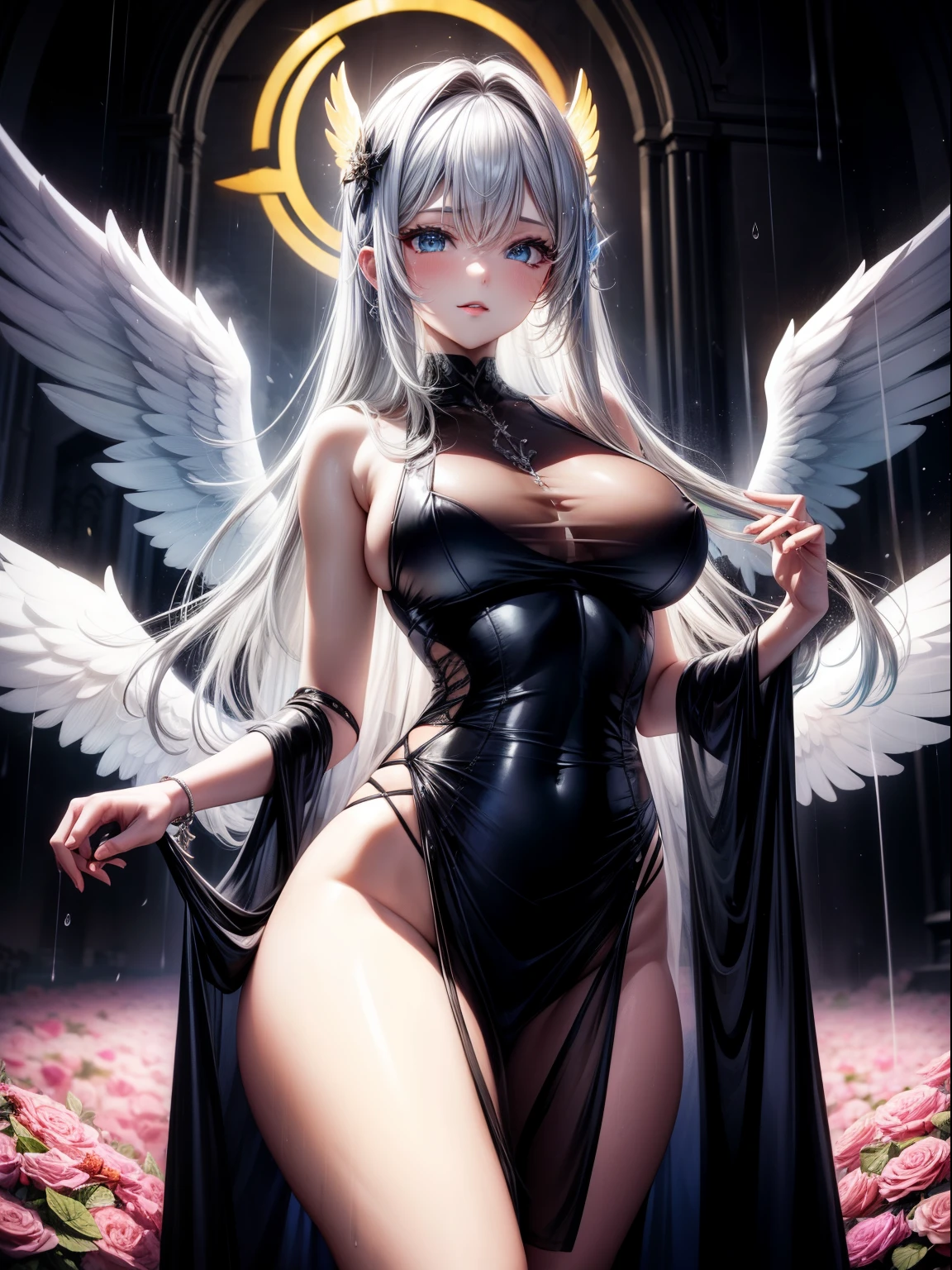 (8K ,hyper-detailing,ultra real photo,Best masterpiece,natural,Perfect artwork,Perfect female body),Cute busty girl ,Hair color,(bigger),Angelic,obsessed,the angel's wings,The halo,Beautiful church,beautiful rain of petals,Gorgeous accessories,golden brilliance,Wearing a see-through sexy black gauze skirt,Sexy transparent black dress,ssee-throuuilt-in thong,裂纹比较bigger,stretch the meat,Raised sexy,Flirtatious,Obscenity exposed