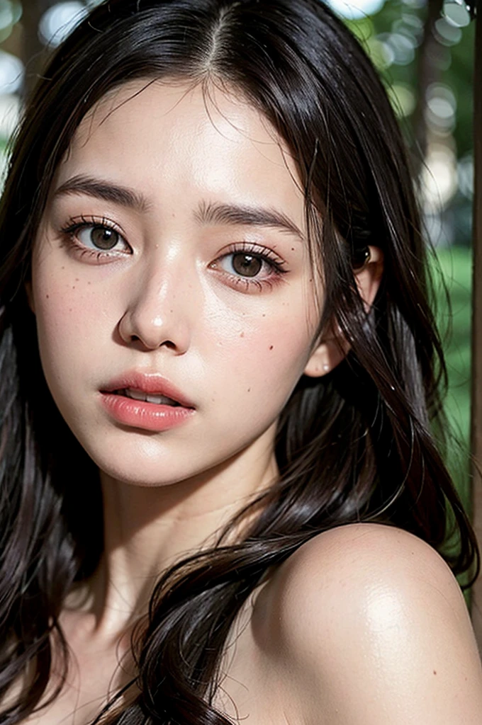 Stunning girl with long gray hair, Fair skin, And red eyes, In the forest with movie lighting, dark and gloomy. She wears a golden white dress, Her eyes focused, Looking at the viewer. Her skin is fair, Her face is delicate and perfect, Super masterpiece, best quality work of art. The images are incredibly detailed 8K CG wallpapers, Cinematic tones with artistic cinematic lighting and neutral filters.fullnude