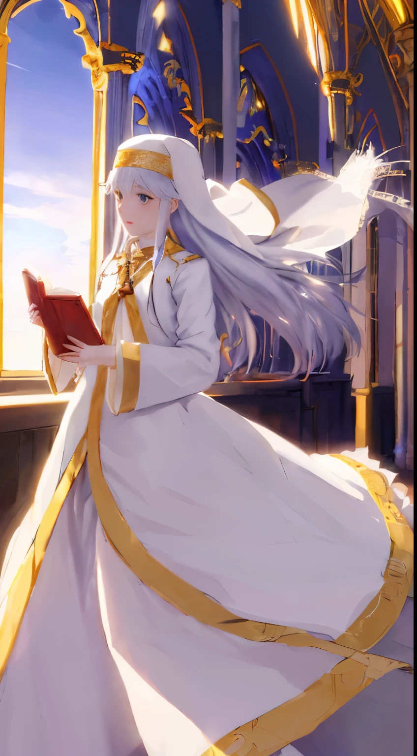 anime girl in white dress sitting on a red carpet with a book, alchemist girl, tsuaii, detailed key anime art, anime goddess, detailed anime artwork, detailed anime art, portrait knights of zodiac girl, artbook artwork, art style of rune factory 5, zerochan art, from touhou, fus rei, detailed anime character art, moe, beautiful anime artwork，Anime female characters in the magic catalog，Index&#39;s white nun，Silver metallic luster long hair，White nun&#39;s robe with gold lace，White nun&#39;s headscarf with gold lace，Dancing in the splendid church