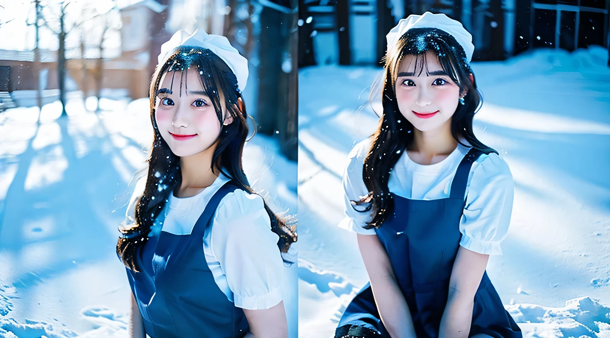 A cute 18 year old maid wearing a light blue miniskirt、The background is snow outdoors