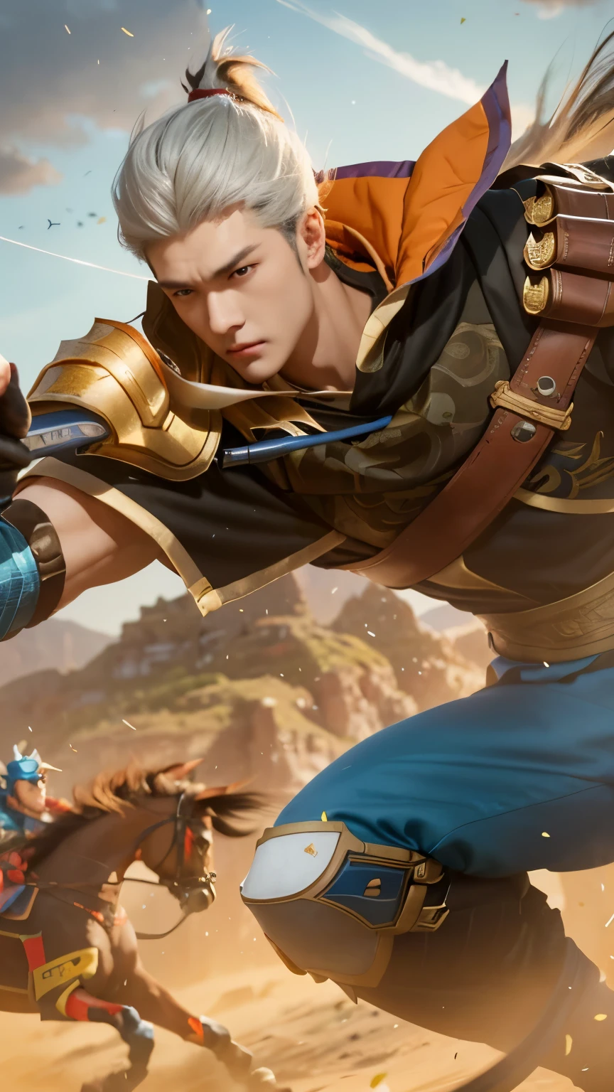 a close up of a person holding a gun and a horse, inspired by Huang Shen, sylas, official splash art, arcane jayce, wukong, by Yang J, ross tran and bayard wu, mobile legends, zhao yun, sun wukong, jin shan and ross tran, heise jinyao, wild rift