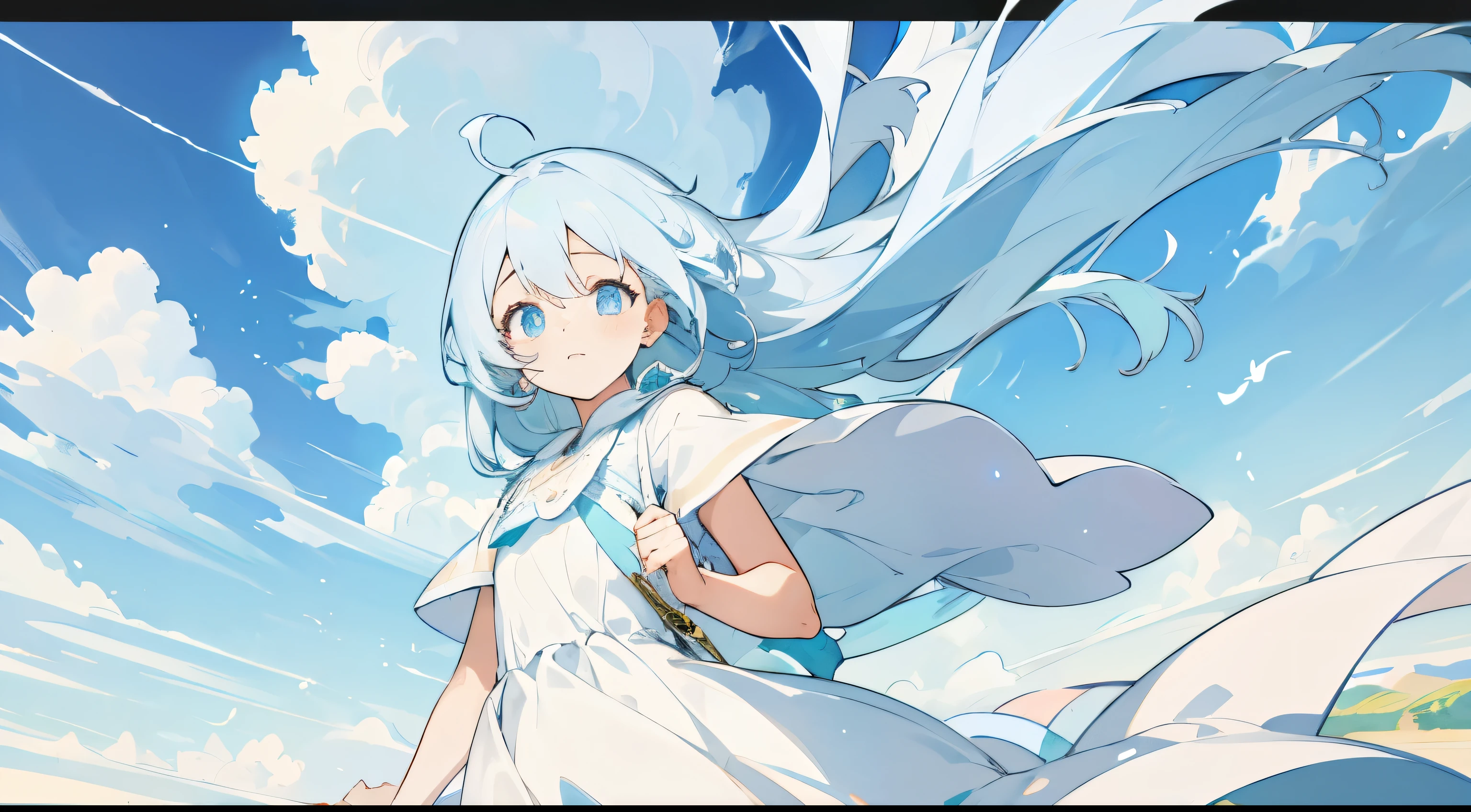 1Girl falling from the sky, Wearing a white dress, long pastel hair, blue eyess, Sky background, happy feelings