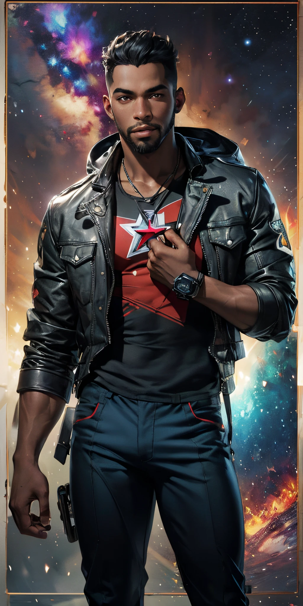 The image contains a 23-year-old black man in an attack pose with one of his open hands pointed forward, Artgerm ((A young black man with short, curly black hair and a full black beard wearing a black leather jacket with beanie and a large black T-shirt with a red star on the chest and black jeans)) ((usando uma corrente prateada)) (Electric rays come out of your body) ((olhando para frente com olhar fixo e um leve sorriso)) roupa detalhada, electric rays, 1 menino, sozinho, corpo fitness, Basic color scheme, arte colorida, terceira regra, dinamic pose, Homem (((1 Homem jovem negro de 23 anos))), olhando para o espectador, fundo desfocado, olhos dourados, HDR (high dynamic range),ray tracing,NVIDIA RTX,Super-Resolution,irreal 5,Subsurface dispersão, Textura PBR, Post-processing, anisotropic filtering, profundidade de campo, Maximum clarity and sharpness, Texturas multicamadas, Albedo e mapas Speculares, surface shading, Accurate simulation of light-material interaction, perfectly proportions, octan render, Two-tone lighting, ampla abertura, ISO baixo, white-balance, thirds rule, 8K BRUTO