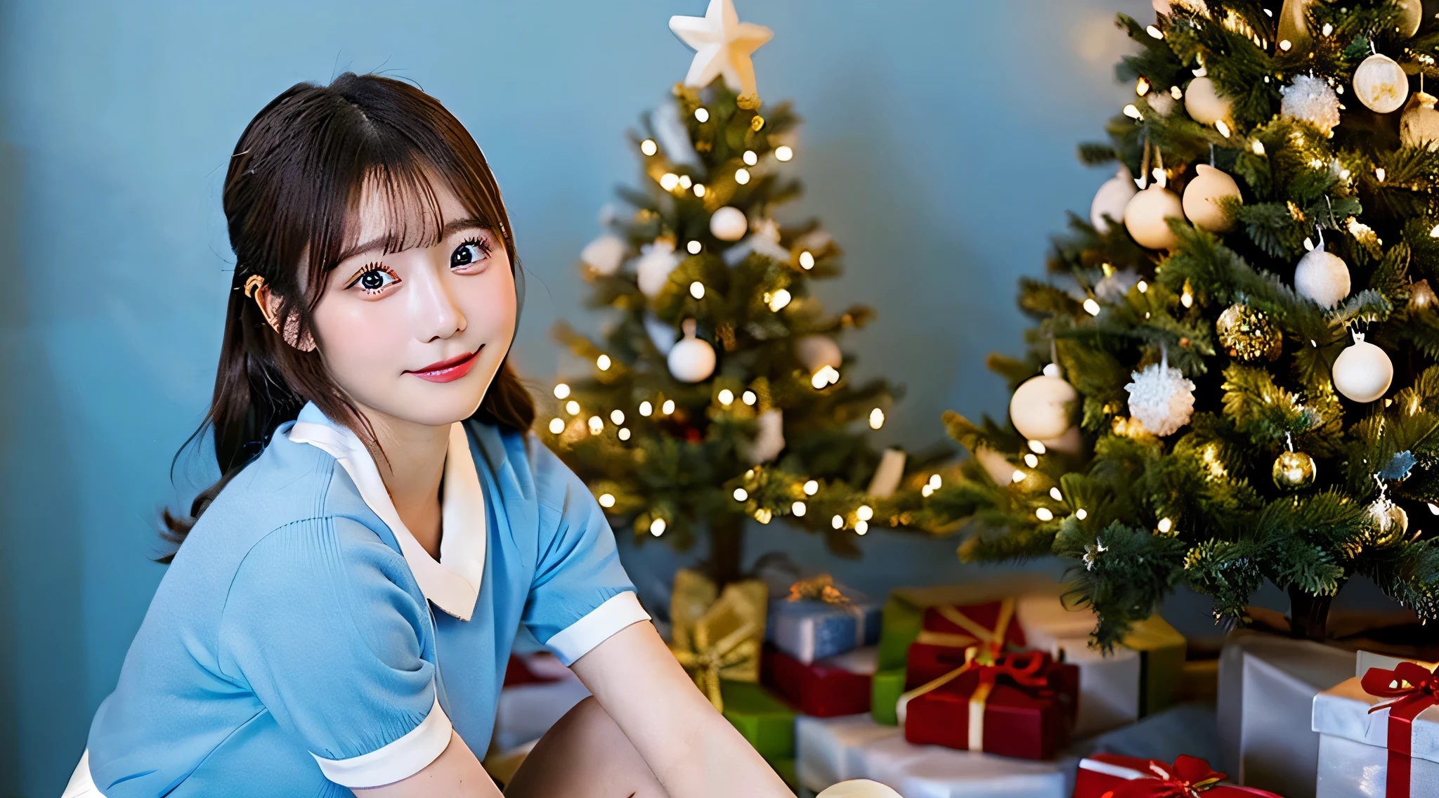 18 year old waitress wearing a light blue miniskirt、The background is a Christmas tree