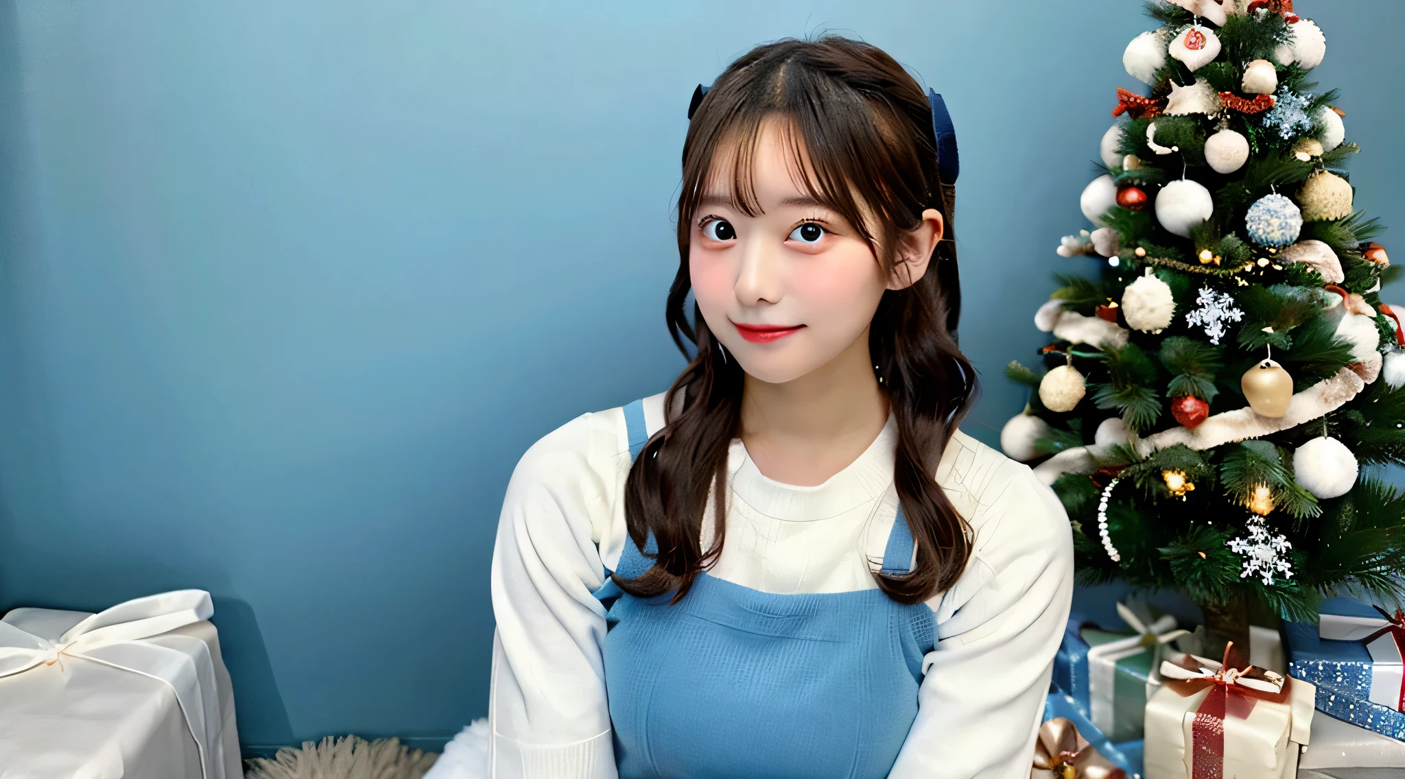 18 year old waitress wearing a light blue miniskirt、The background is a Christmas tree