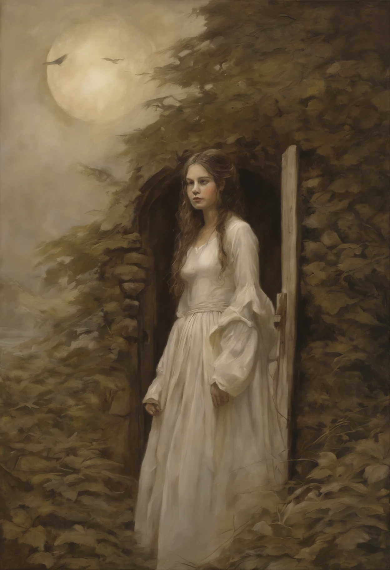 真实感, a painting, Dark Fantasy, Small painting by Jean-Baptiste Monge,anthropomorphic --ar 2:3 --testp -optimistic;  straight hair ,                                      We wandered in the dark for a long time, got used to the silence of the nights,  and drafts of open doors..
 burned each other in fire, And the sky is not silent and cries ,anatomically correct drawn body, by senior artist, Sakimi, Detail art, by Kanbun Master, added detail, close up portrait shot, High Quality Portrait, Santa'workshop, by Aleksander Gierymski, realistic portrait