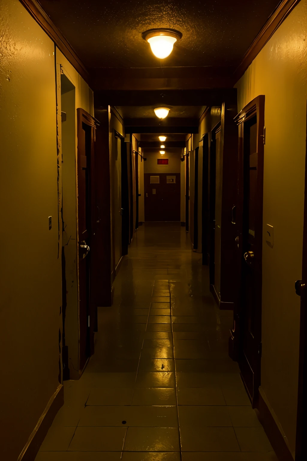 Western-style building hallway night horror cartoon style