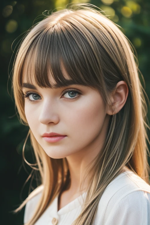Realistic photo of a beautiful woman with a round face and high cheekbones, she has a cute button nose and small jaw, with large beautiful pale eyes, she has dark brows and white blonde wavy hair with blunt bangs, she has a compact strong body with beautiful legasterpiece), (photorealistic:1.4), RAW photo, best quality, high res, rich colors, backlight, bright sunlight, cinematic lighting, film grain, raw photo, 50mm lens, Nikon D850, warm colors