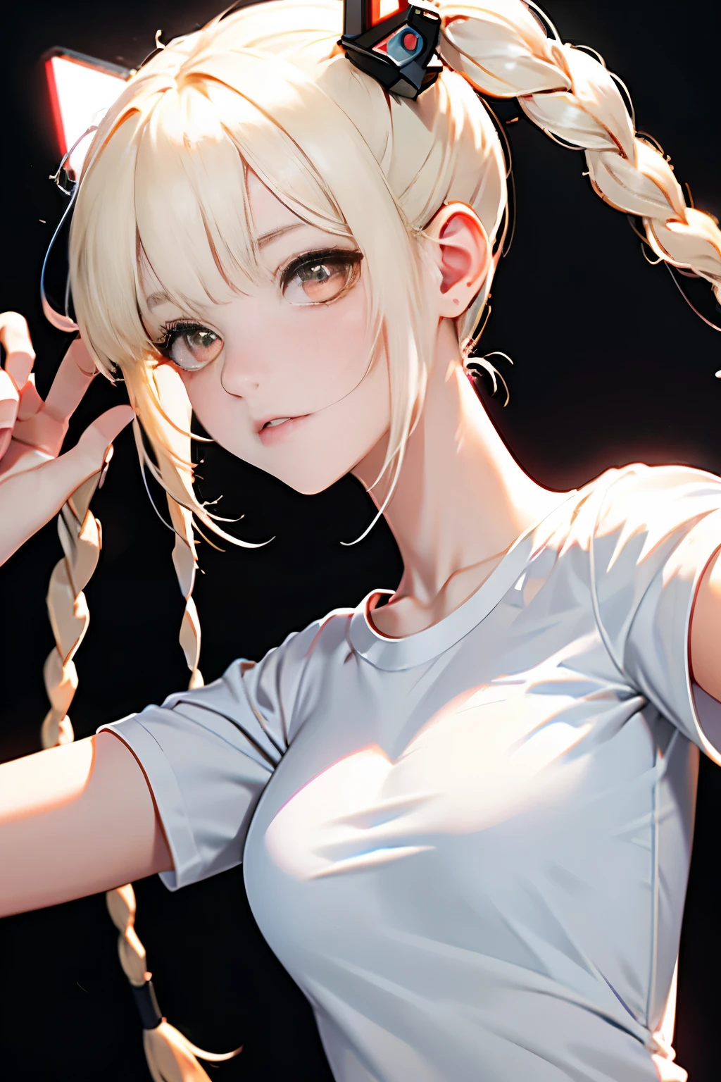 optimum，tmasterpiece，hight resolution，best qualtiy，hyper HD，super detailing，awardwinning，16 K，独奏，（The upper part of the body），anatomy correct，Beautiful cyberpunk girl，Cowboy Shot、cute  face，，a blond、Longhaire、Twin-tailed、Braids, Hairline，（（scarlet eyes）），long eyelasher，Hanging eye corners，White skin of the，Shoot from below, ((white t-shirts:1.5)), radiant eyes、Rocket Tits, （Slim body），