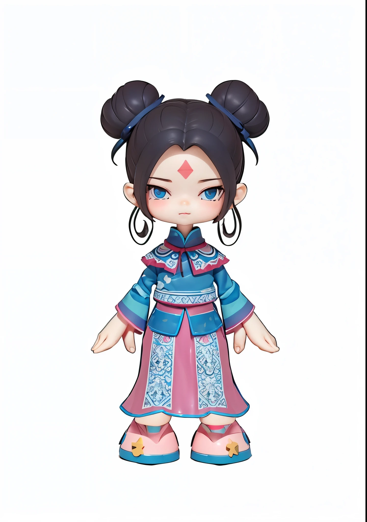 Blind box toy style,Cute s,There is a red pattern on the forehead,Cute face,Tie your hair into a bun with double balls,The clothes are relatively flat,blue and pink shawl,Blue Tops,pink long skirt,There are two white and blue patterned ribbons on the skirt.,Wearing powder blue slippers