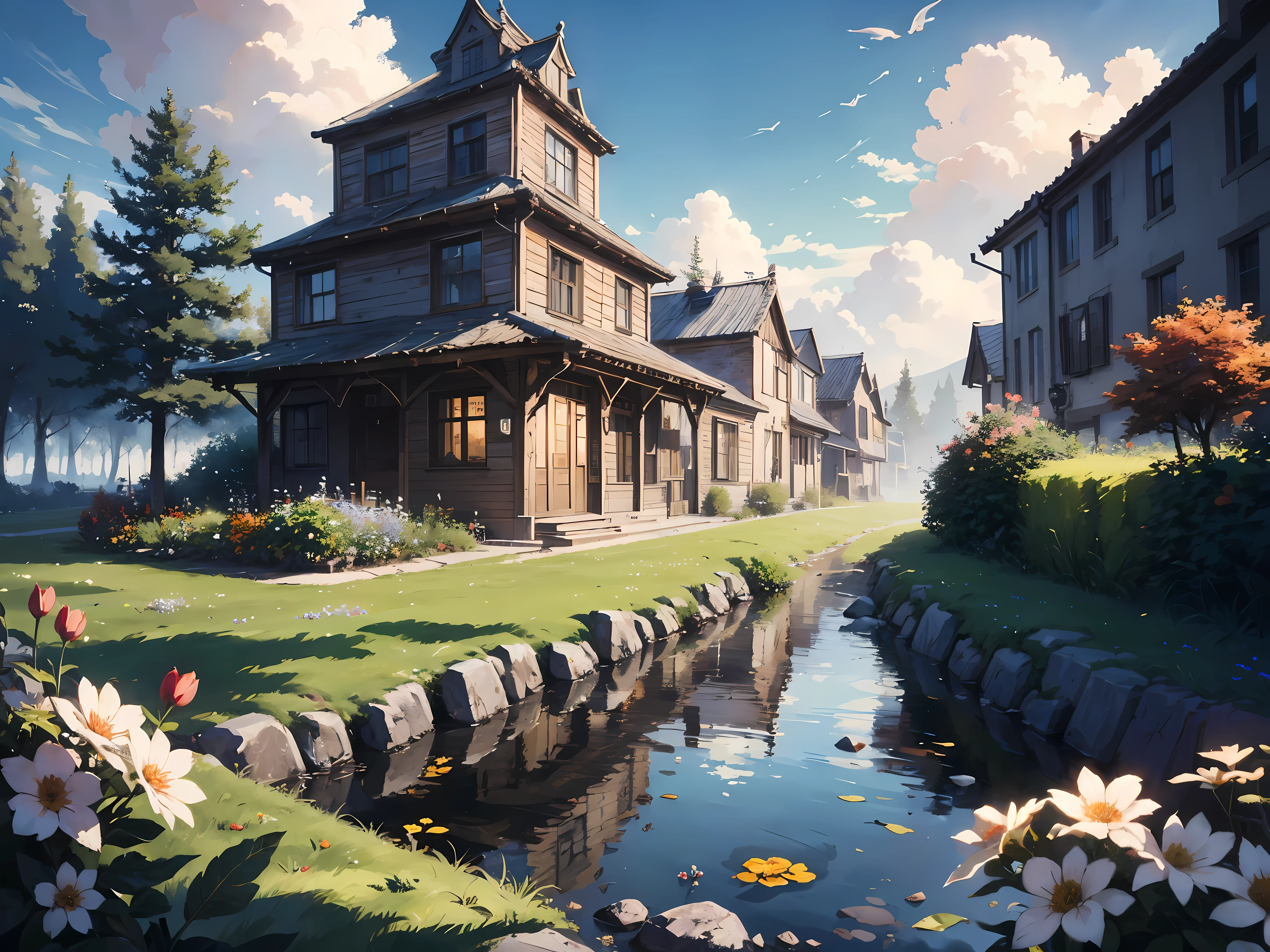 excellent oil painting of a landscape, vibrant colors, powerfull style with epic dramatism,  small willage, mistery land, best quality, maximum quality, intricate details, ultrasahrp, ambient oclusion, realistic shadows, art by Bastien Lecouffe Deharme, 8k, oil art,  8k perfect quality, dramatic magic wind with blowing leafs and flowers