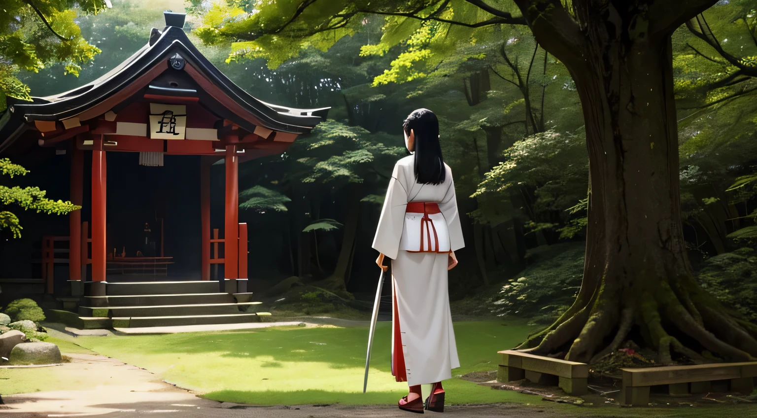 Woman, shrine maiden, shrine maiden, Black hair, Thrift, 白袈裟, Holding a sword, standing in the forest, Back view