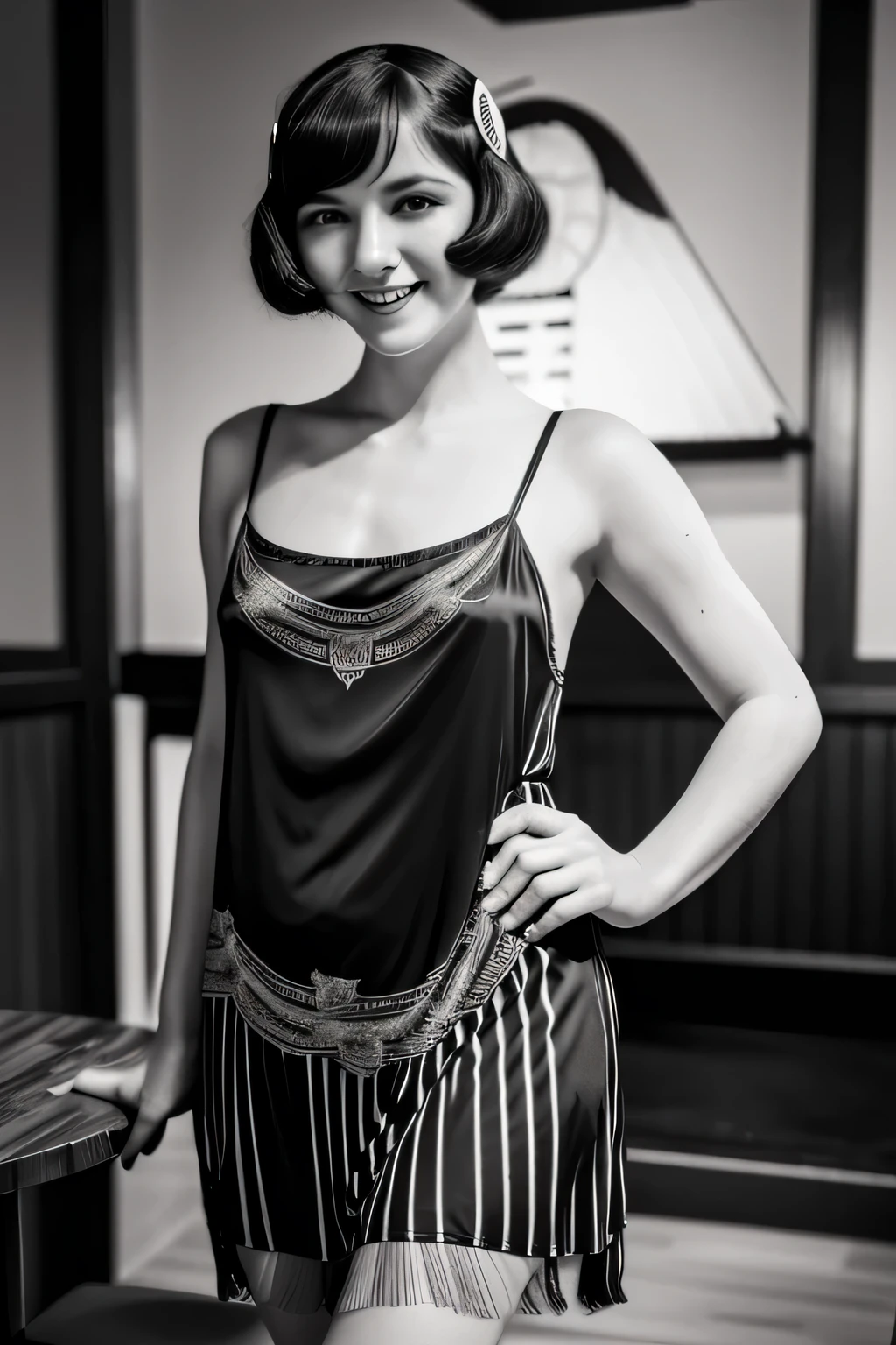 woman posing for a photo(flapper_Dress:1.Wearing 3)、A smile、 Good Hand、4K、hight resolution、​masterpiece、top-quality、headw:1.3、((Hasselblad photo))、Fine skin、Sharp Focus、(lighting like a movie)、鎖骨、natta、Soft lighting、dynamic ungle、[:(详细的脸:1.2):0.2]、(Bars in the 1920s)、L0uise、a black and white photo