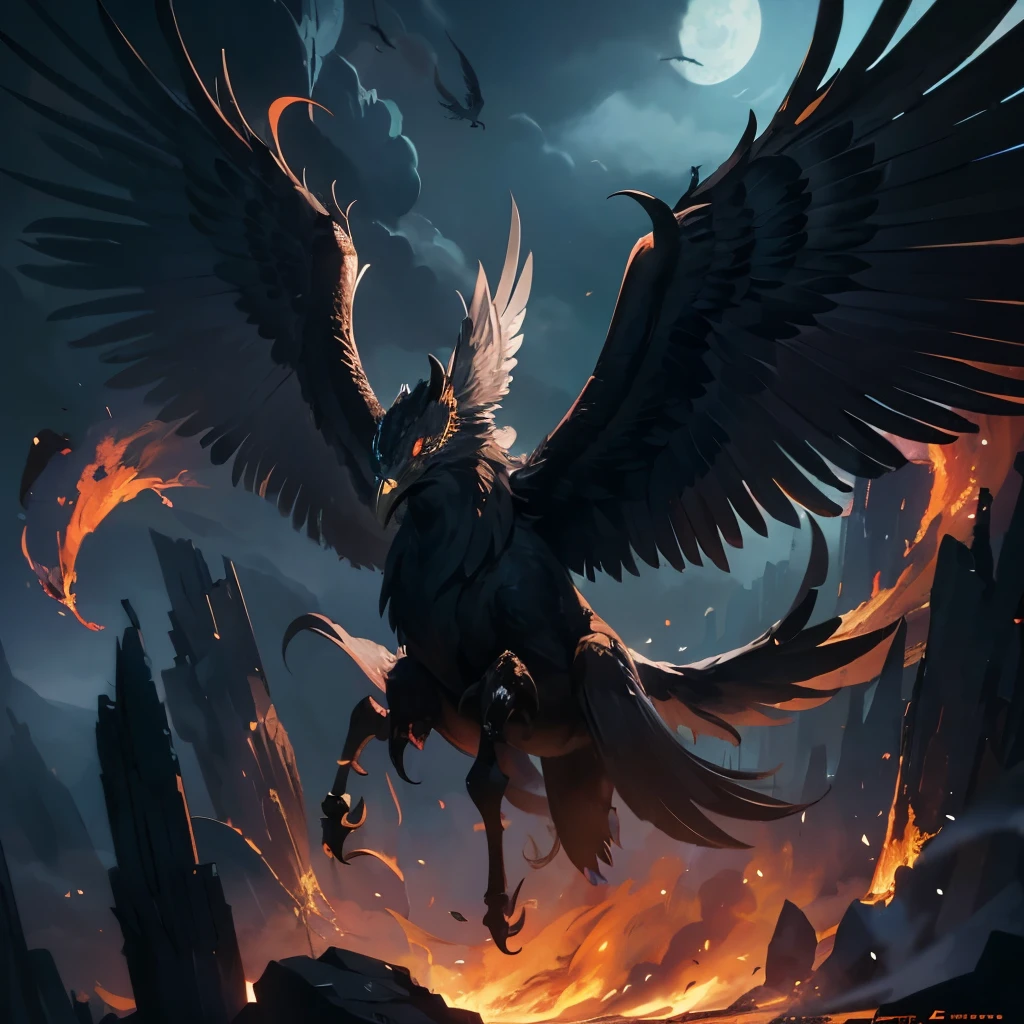 griffin, mythical creature, four legs, two wings, pointed beak, talons, flames, flying, textured feathers, glowing eyes, moody, fierce, shadowy, ethereal, aesthetic, best quality, ultra-detailed