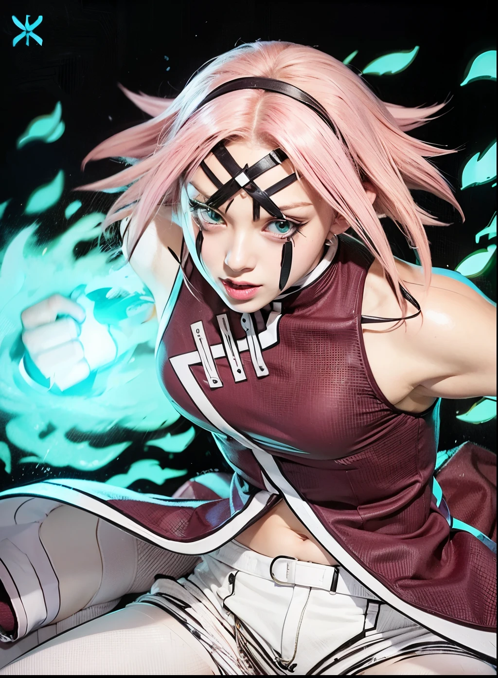 A very beautiful young woman, Sakura haruno, green eyes, , pink hair, big breasts, Shuriken, green power, high resolution, real person, real, life real character