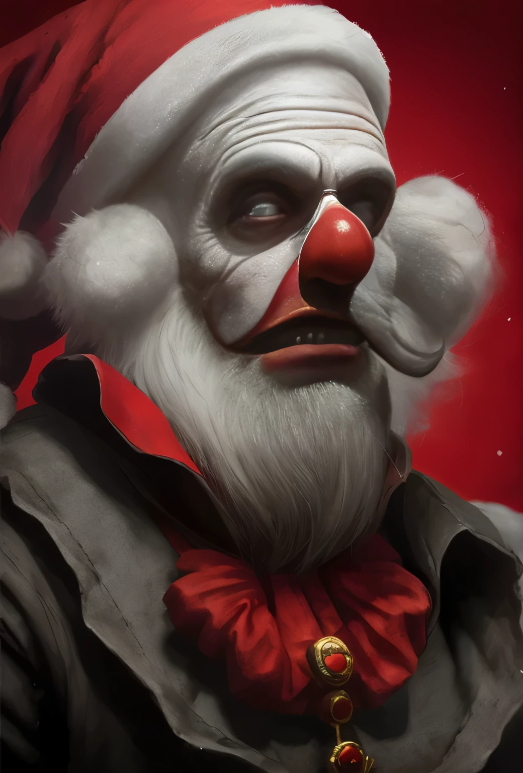 Злой clown with red and white makeup and a red cape, Santa, portrait death злой clown, cutecore clowncore, trending on artstation 4k, Santa claus, How trending on ArtStation, communist clown portrait, zany, Popular on ArtStation HD, Author: Daarken, wojtek fus, clown, Popular on ArtStationHQ, Fan art