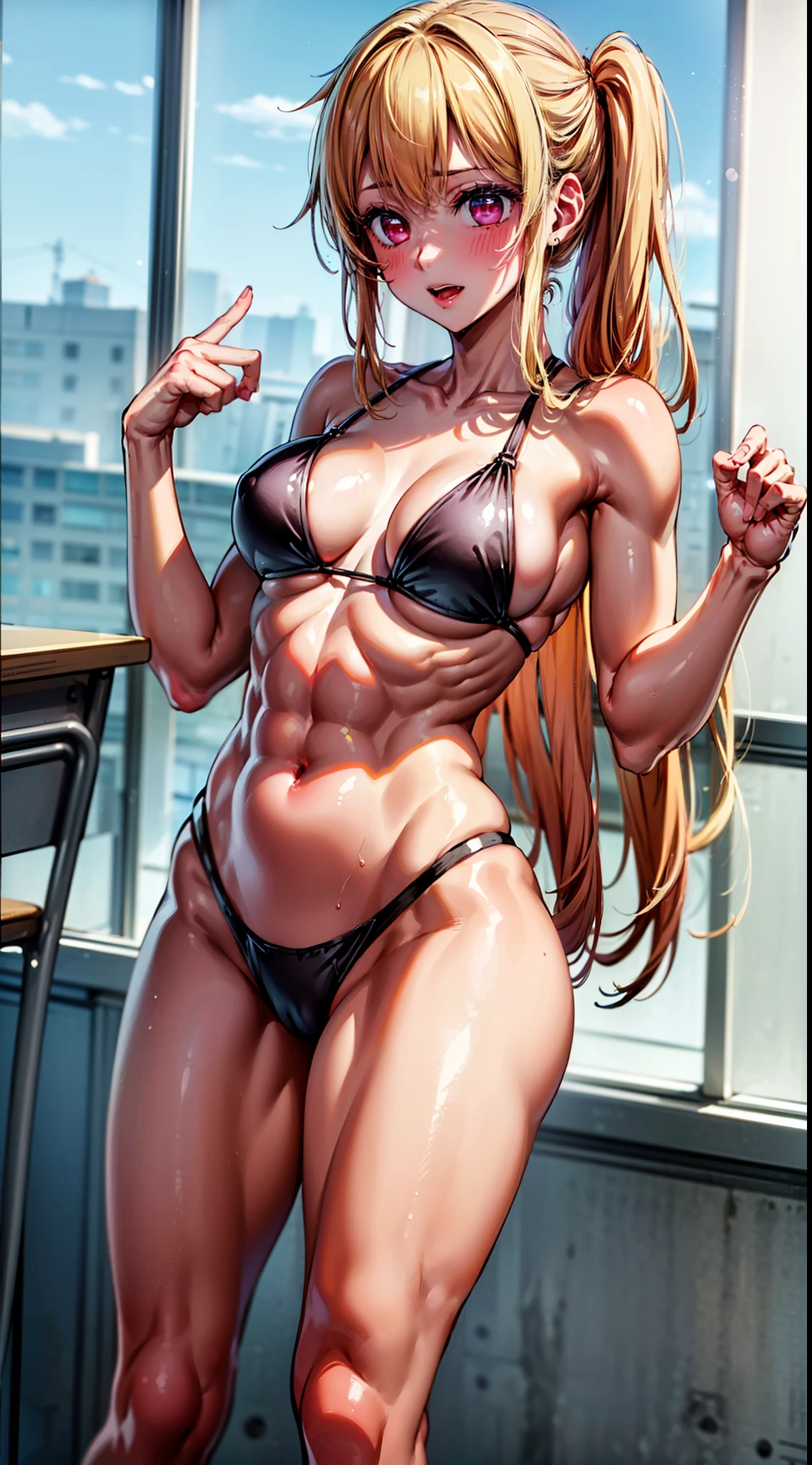 (1 girl), alone, (Rubi Hoshino), (((very sexy black bikini))), (standing), wearing black high heel shoes, toned thighs, muscular belly, slender body, slender arms, wide hips, small waist, big ass, medium breasts, at school in the classroom, {{{in a bad mood}}}, (pink eyes), blonde hair, (((white star-shaped eye in the left eye))), eye reflection, glowing eyes, anime, anime style, cinematic lighting, ray tracing, panorama, Sony FE, UHD, masterpiece, accurate, anatomically correct, super detail, high quality, high resolution, HD, 16k