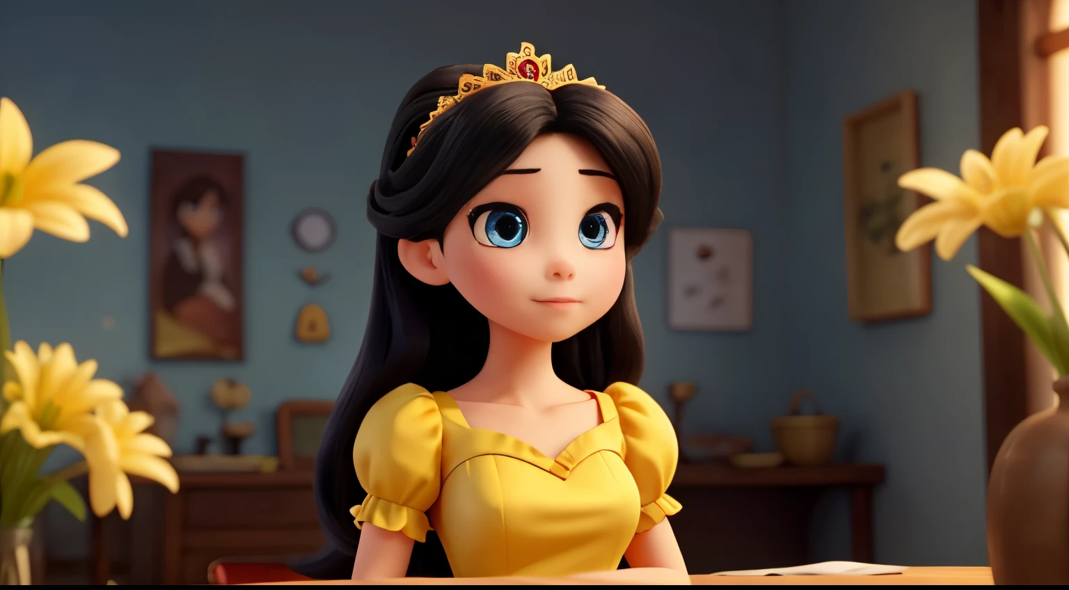 the good princess has long black hair, blue eyes, fair skin, and wears a very modest yellow dress. In the background the nature