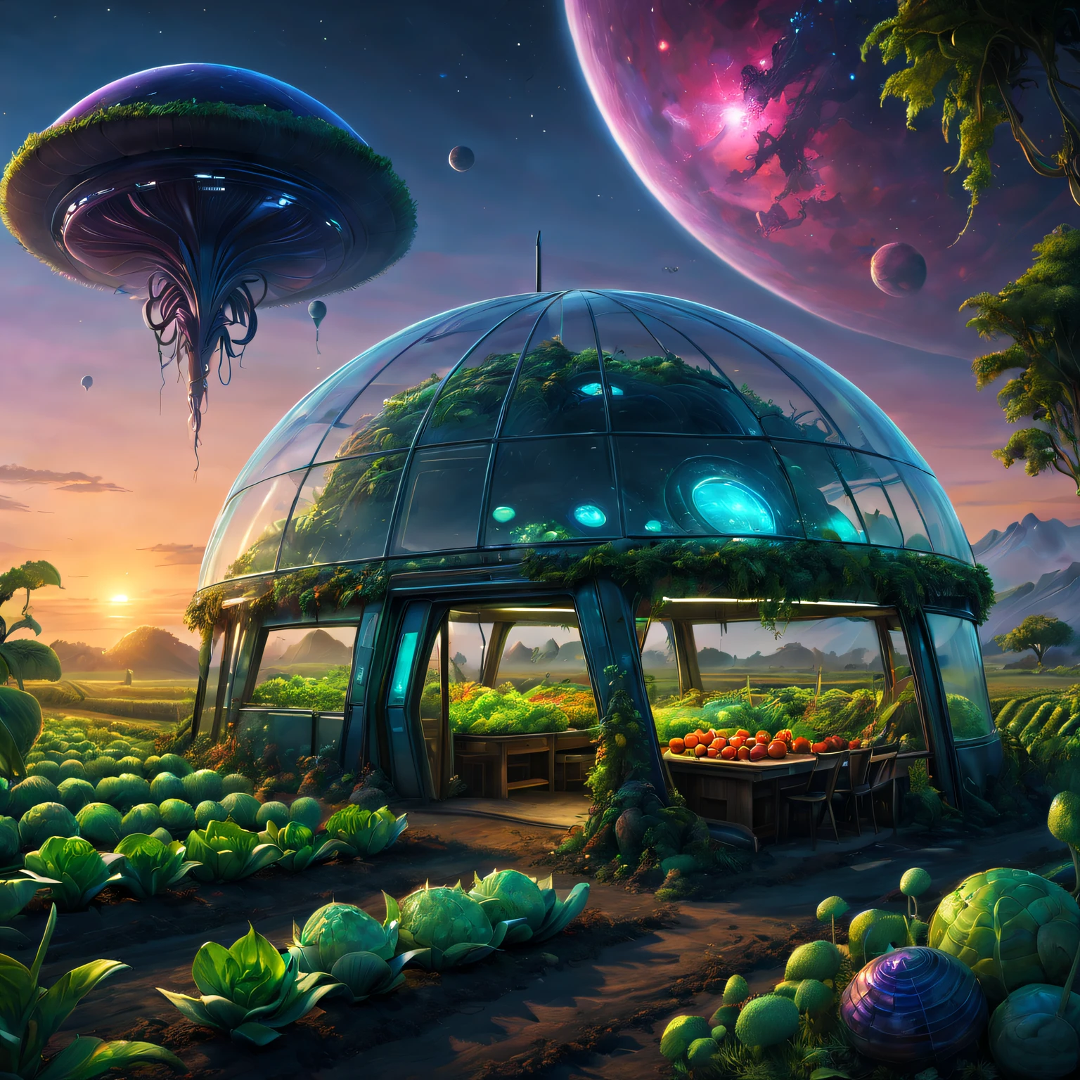 magnificent landscape painting，Alien farm life，Alien wearing futuristic farm suit，Precision、Care for crops carefully，Agricultural scenarios of the future，plethora of colors，the sunset，Abundant fruits and vegetables，Tano，fortune，Qianqian，Stack of cash on farmhouse table，Transparent dome covering the farm，Surreal atmosphere，otherworldly landscapes，Unusual alien architecture，bioluminescent plant life，Harmonious coexistence between aliens and nature，Vibrant colors blend with cosmic tones，Unique alien flora and fauna，scifi concept art。(Best quality at best,4K,8K,A high resolution,tmasterpiece:1.2),ultra - detailed,(actual,photoactual,photo-actual:1.37),