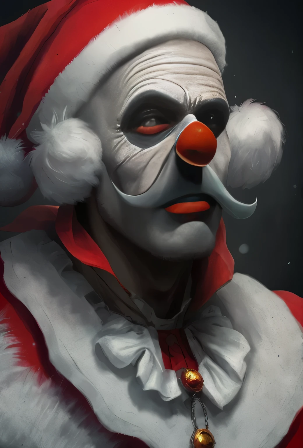 Злой clown with red and white makeup and a red cape, Santa, portrait death злой clown, cutecore clowncore, trending on artstation 4k, Santa claus, How trending on ArtStation, communist clown portrait, zany, Popular on ArtStation HD, Author: Daarken, wojtek fus, clown, Popular on ArtStationHQ, Fan art