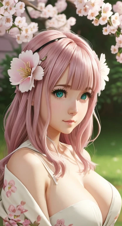 Very Cute girl, massive sized boobs,half naked ,ultra realistic eyes, kimono dress, flower on her head, cherry blossom trees outside, pink colour hair,bright green eyes, ultra realistic detailed eyes, innocent eyes, looking at camera,long pink hair,